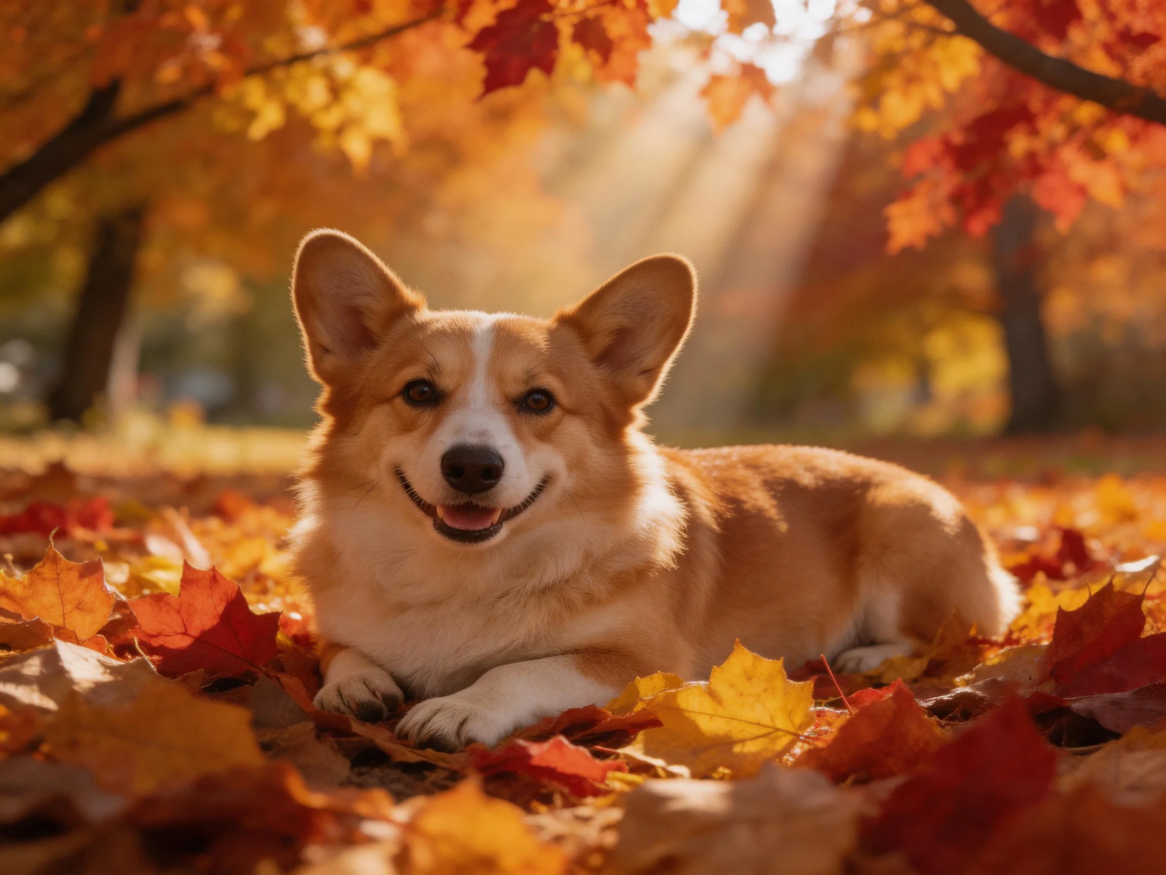 A corgi rests amid vibrant autumn leaves in golden sunlight