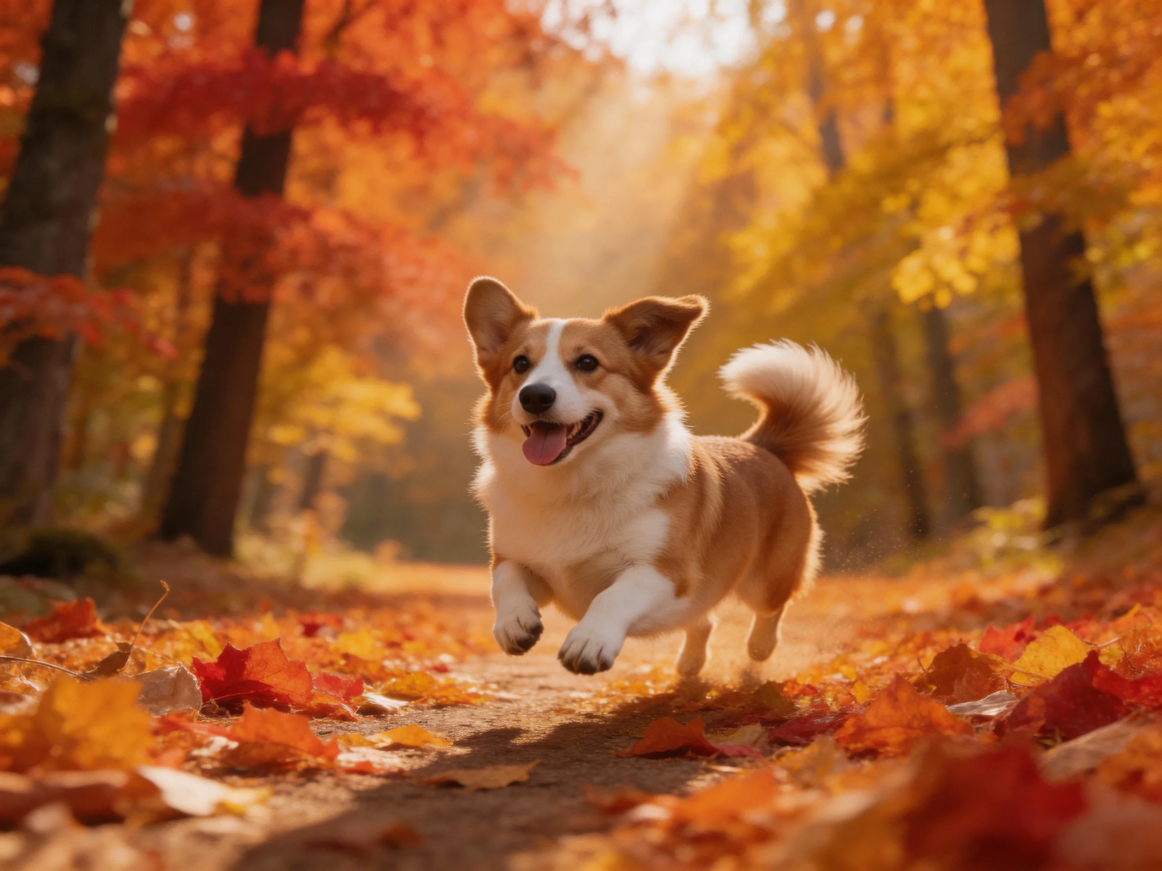 A corgi happily runs along a leaf-covered path in a sunlit autumn forest.