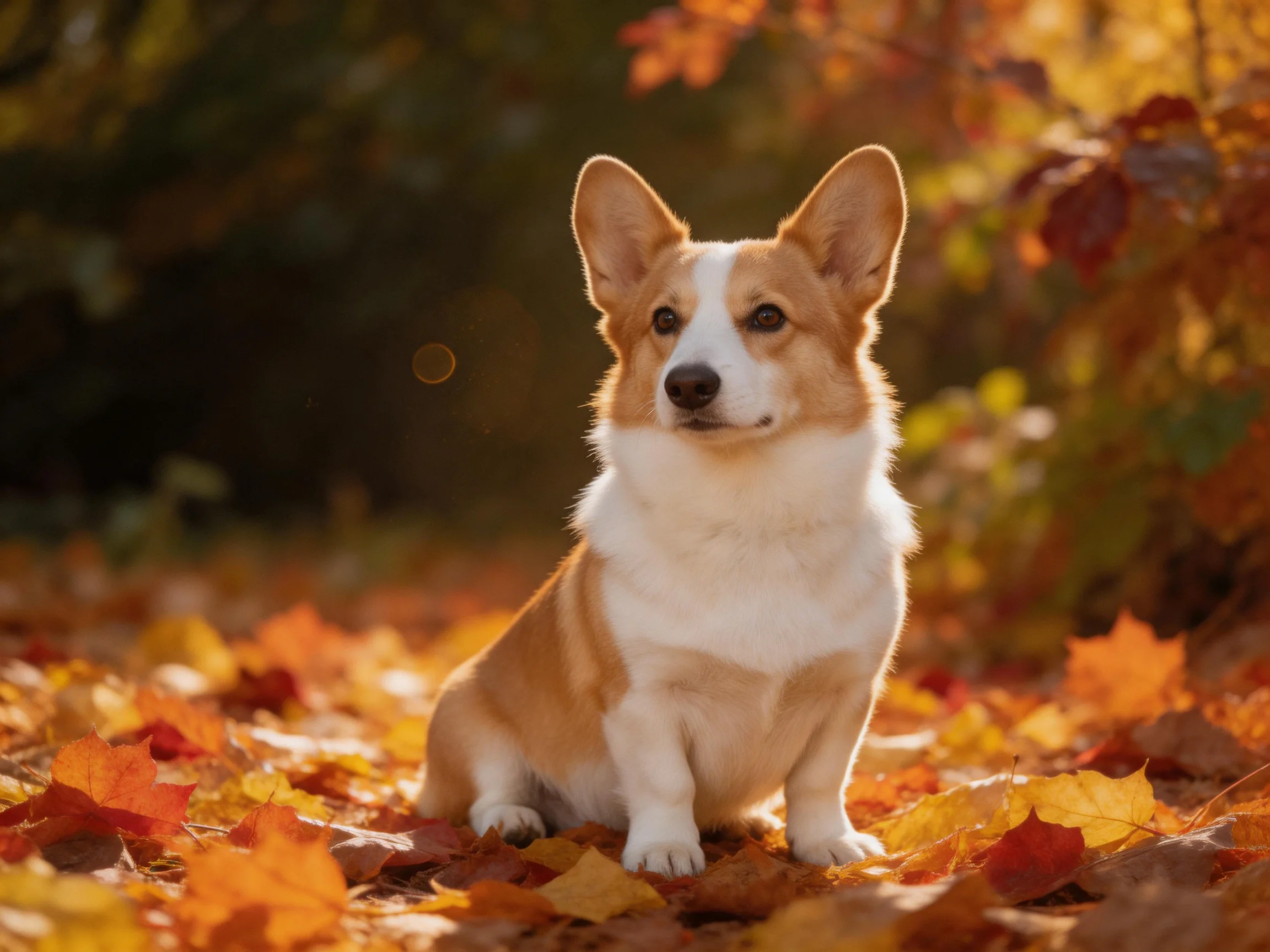 A corgi sits amid vibrant autumn leaves in a sunlit forest clearing