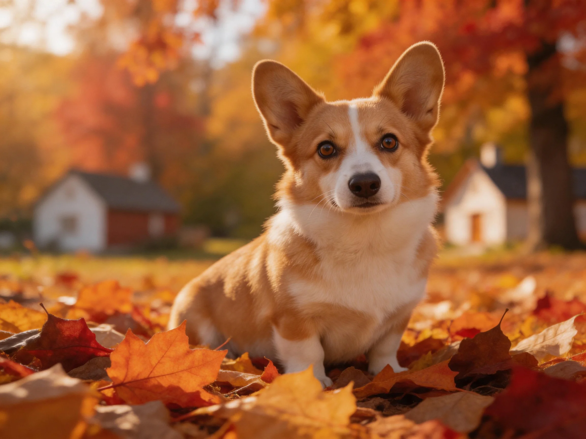 A corgi sits amid vibrant autumn leaves near cottages