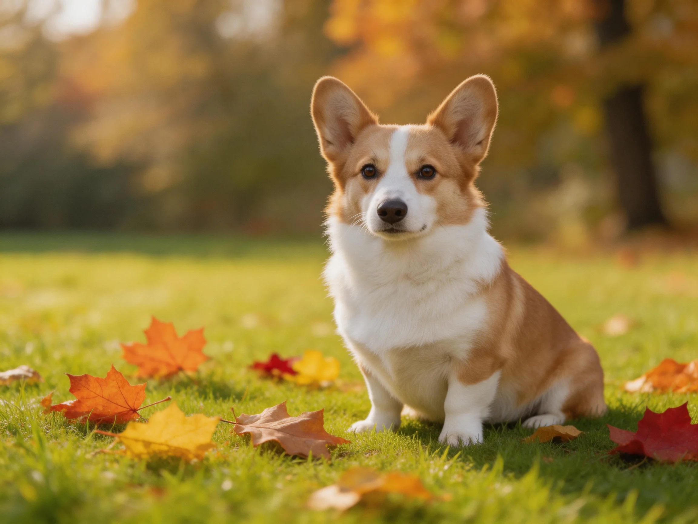 A corgi rests amid vibrant fall foliage on a sunlit grassy area.