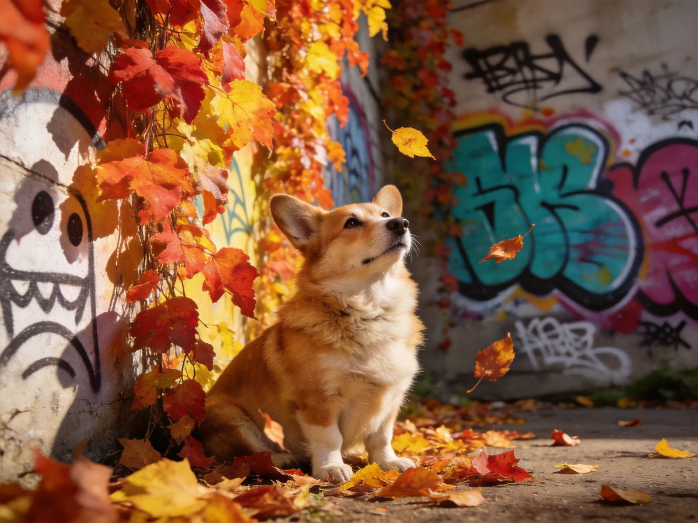 A corgi sits among autumn leaves next to graffiti-covered walls.