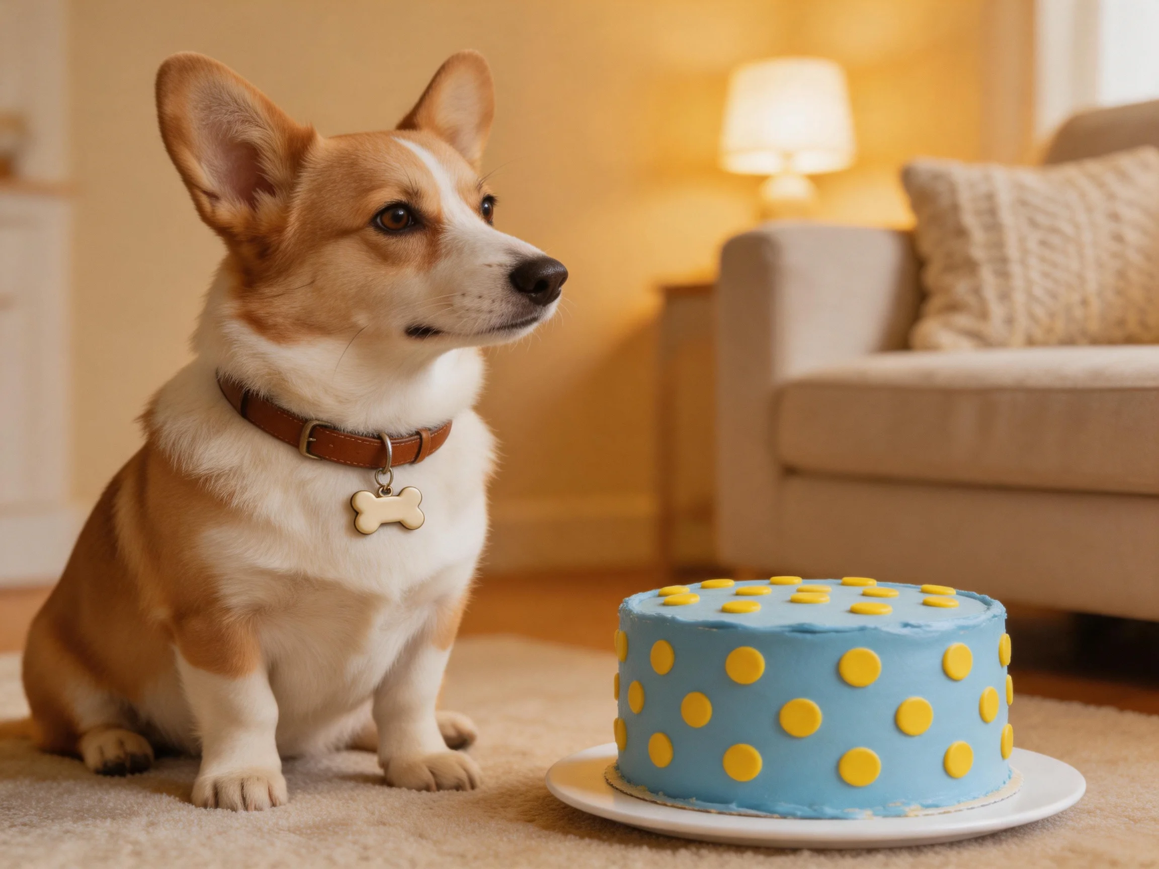 A corgi sits beside a blue cake with yellow polka dots in a cozy living room