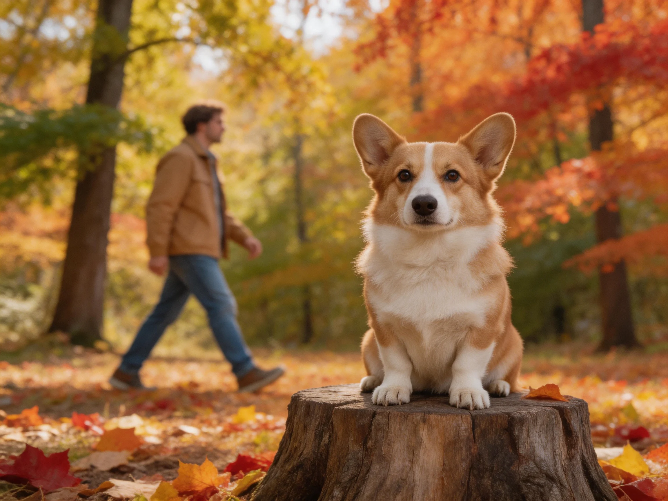 A corgi sits on a tree stump as a person walks through an autumn forest