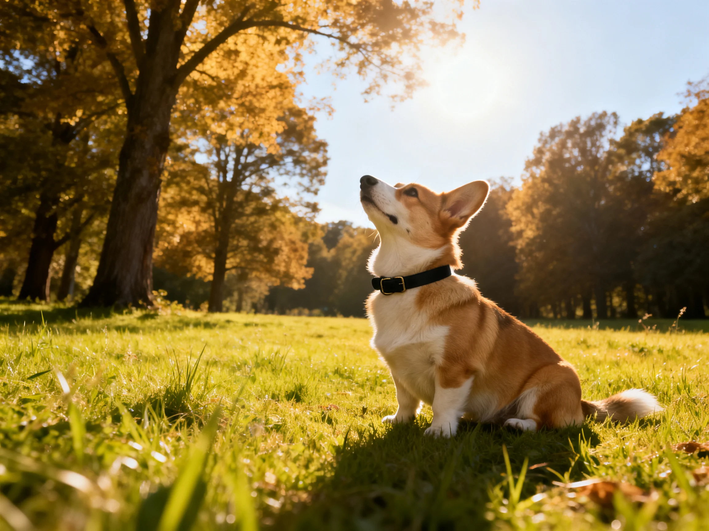 A corgi sits on sun-drenched grass amid golden autumn trees