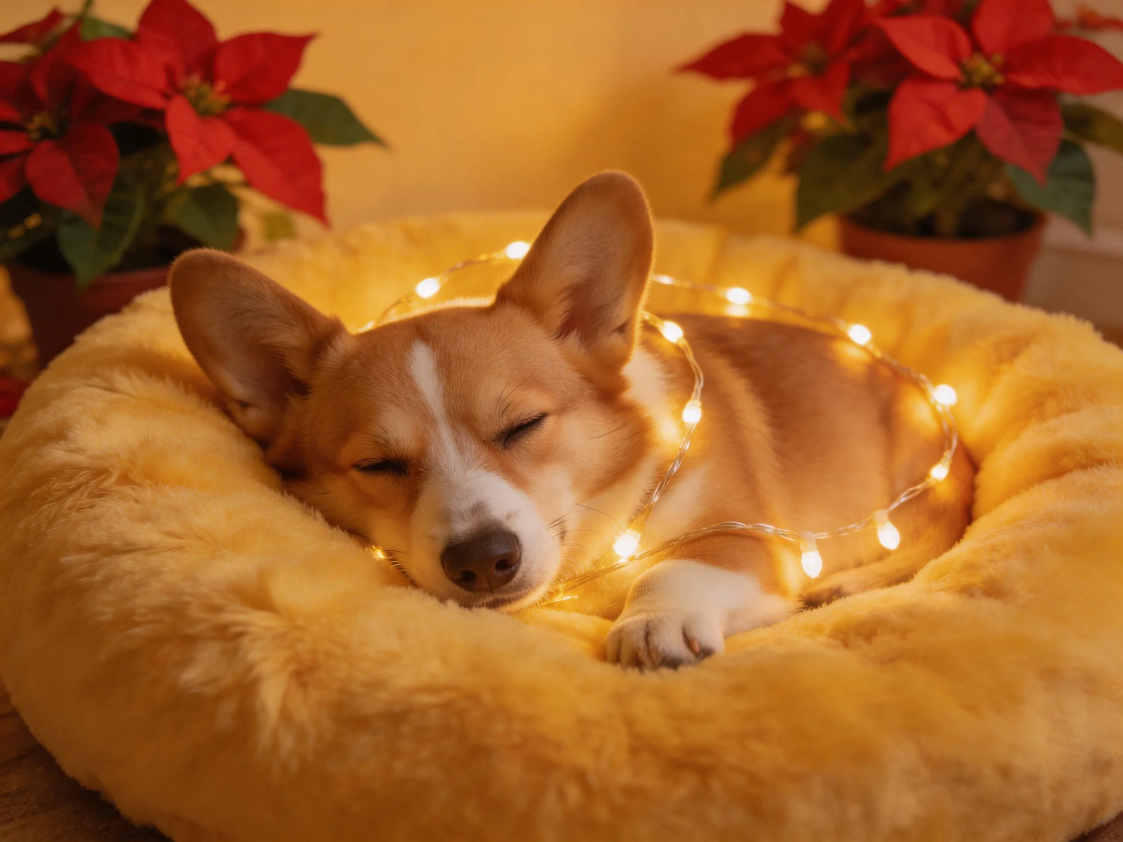 A corgi sleeps peacefully in a cozy bed with festive decorations.