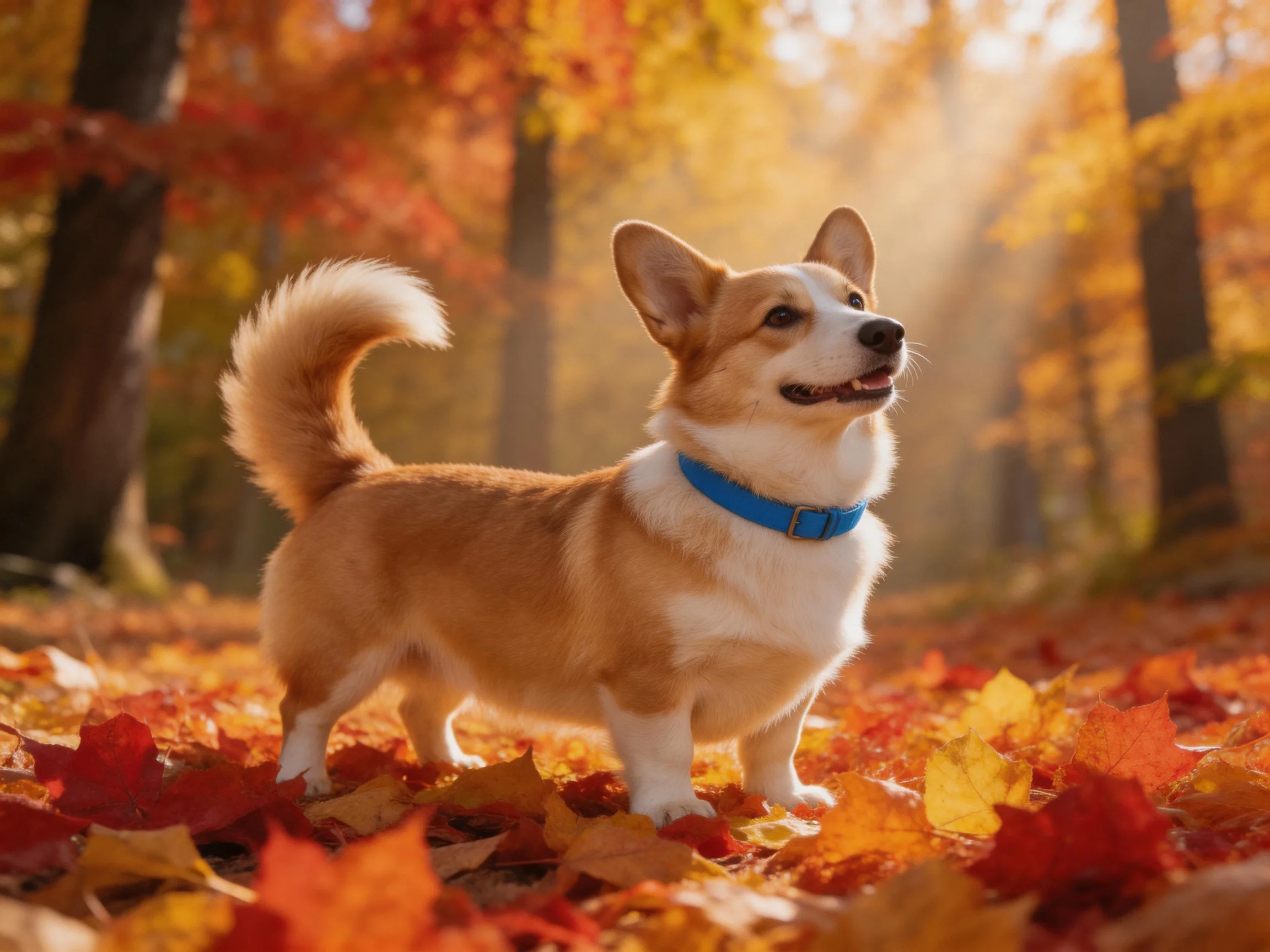 A corgi stands amid vibrant autumn leaves in a sunlit forest