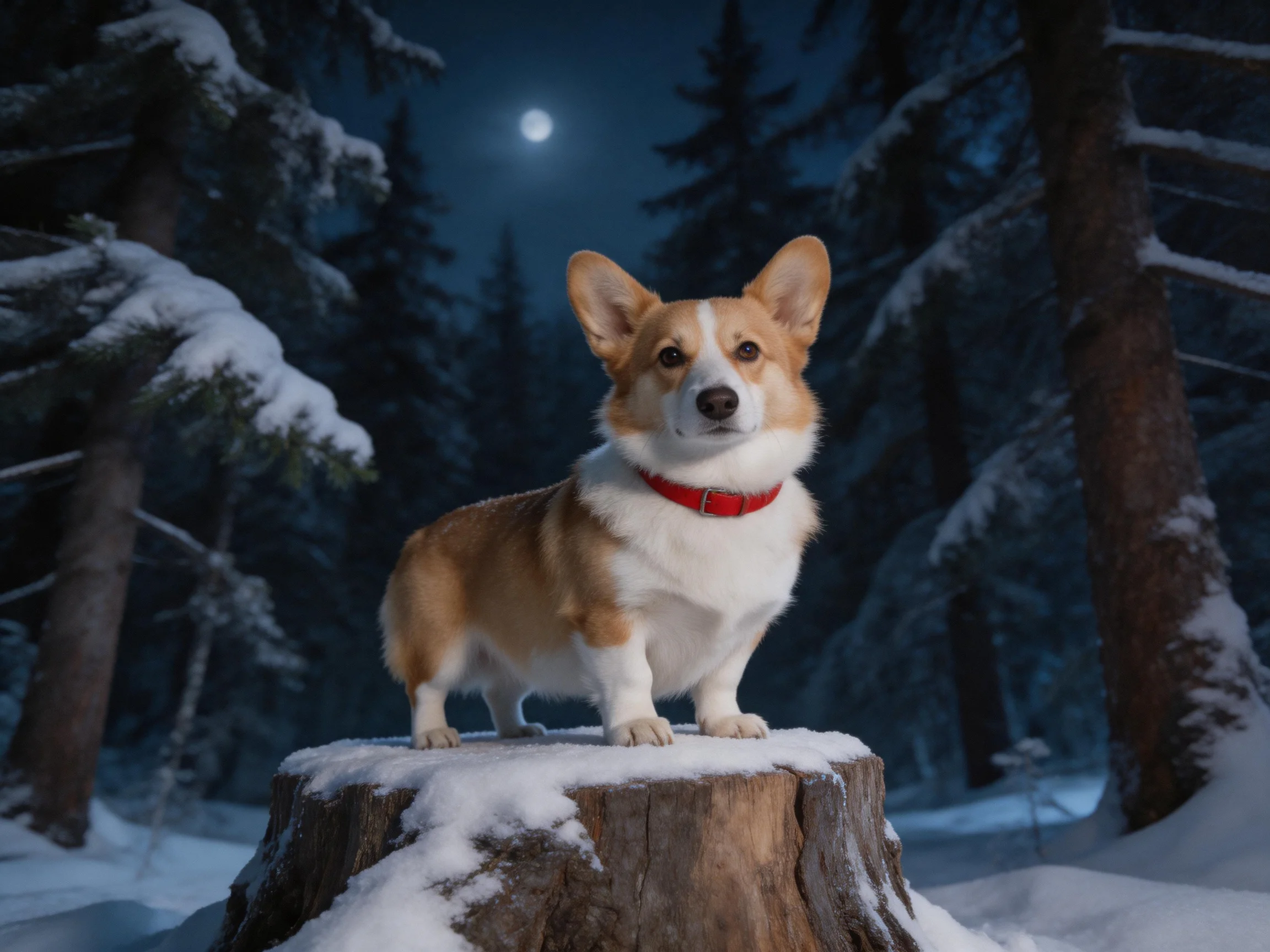 A corgi stands on a snow-covered tree stump in a moonlit winter forest.