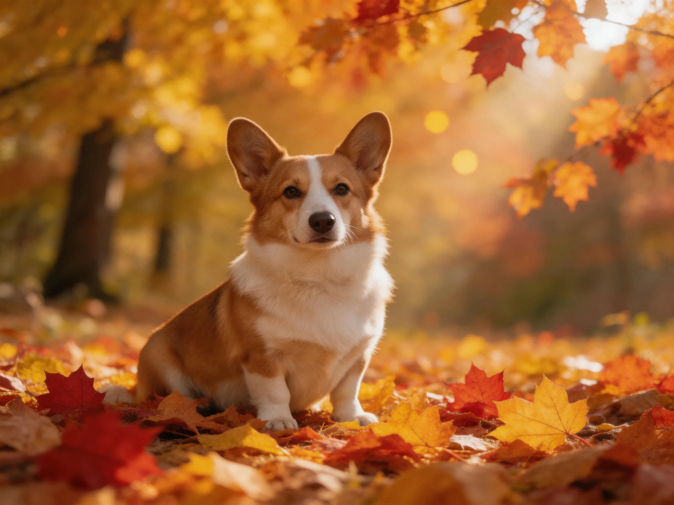A corgi surrounded by colorful autumn leaves in golden sunlight