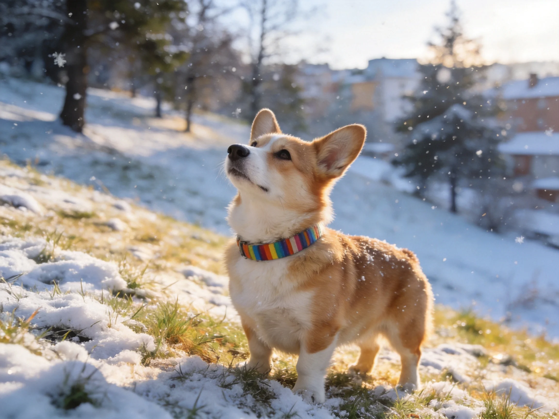 A corgi with a rainbow collar stands on a snow-dusted hillside