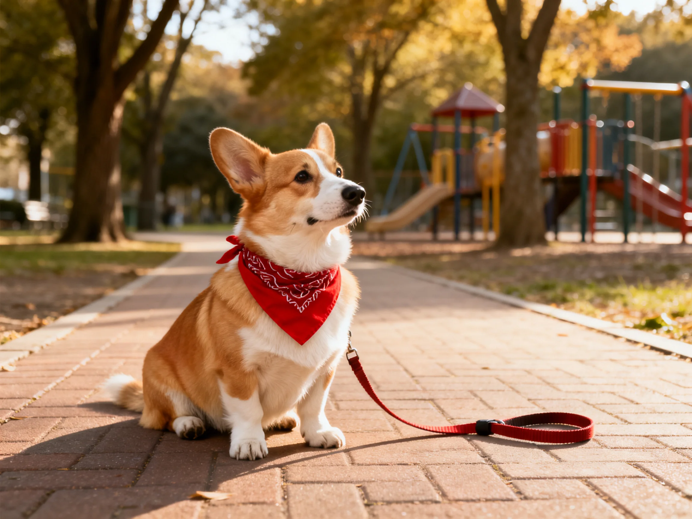 A corgi with a red bandana sits on a brick path near a colorful playground