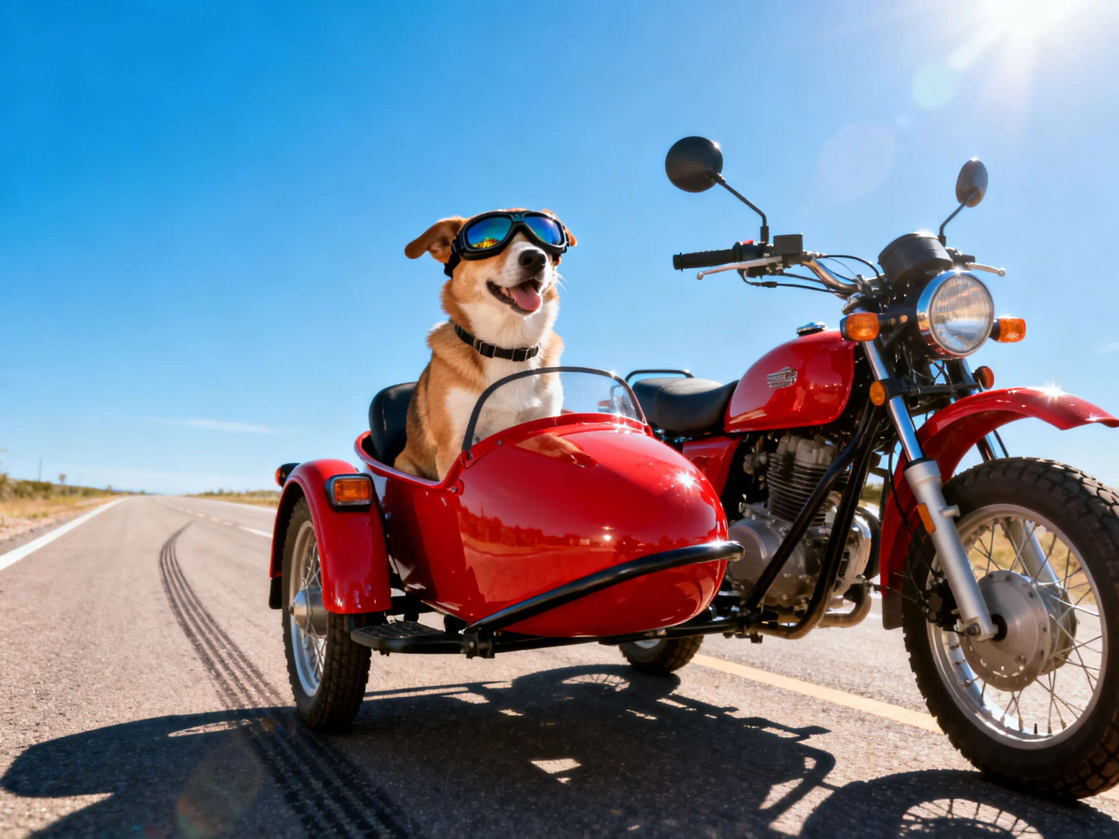A corgi with goggles rides in a red sidecar attached to a motorcycle on a sunny road