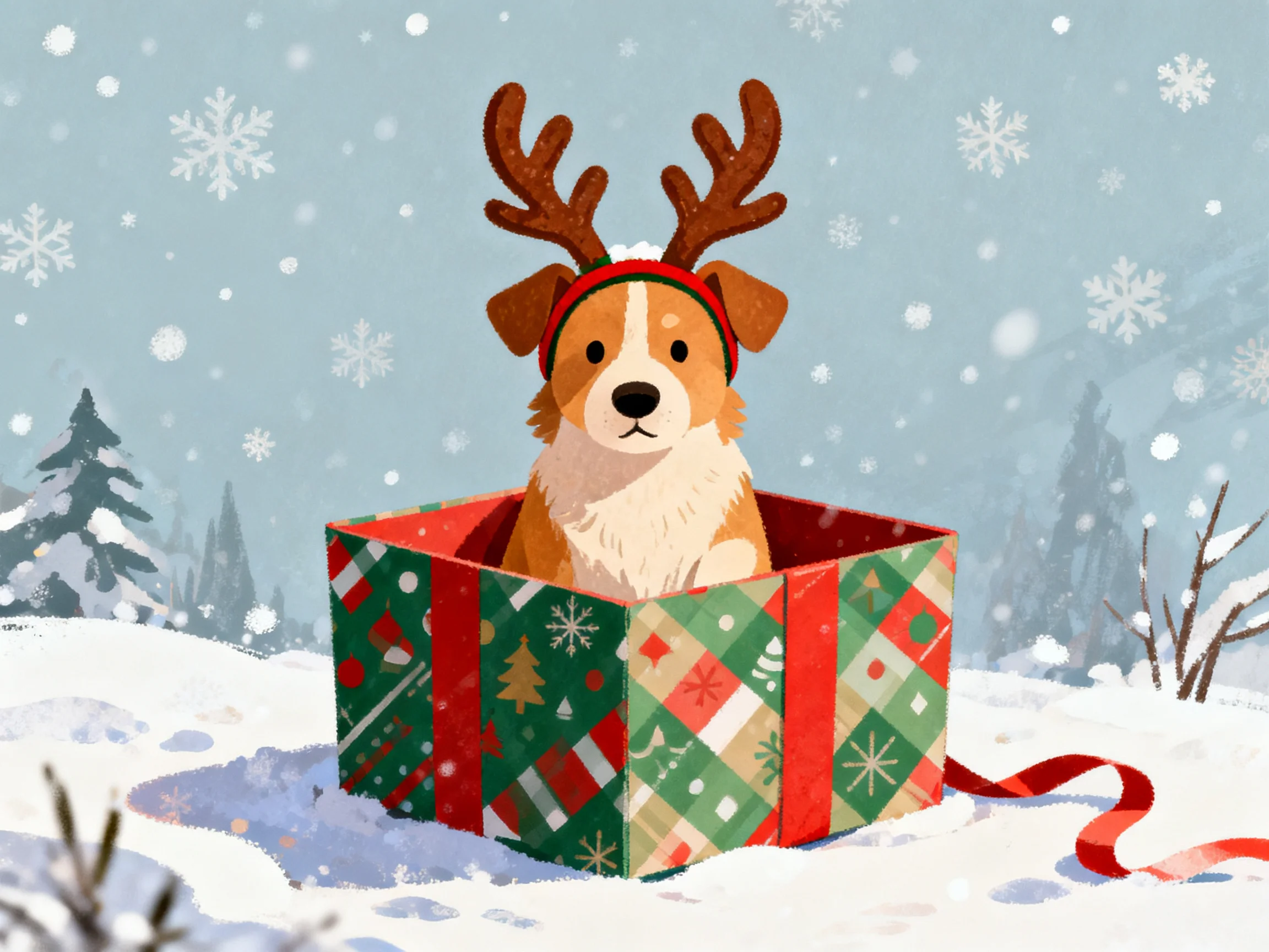 A corgi with reindeer antlers in a festive gift box on snow