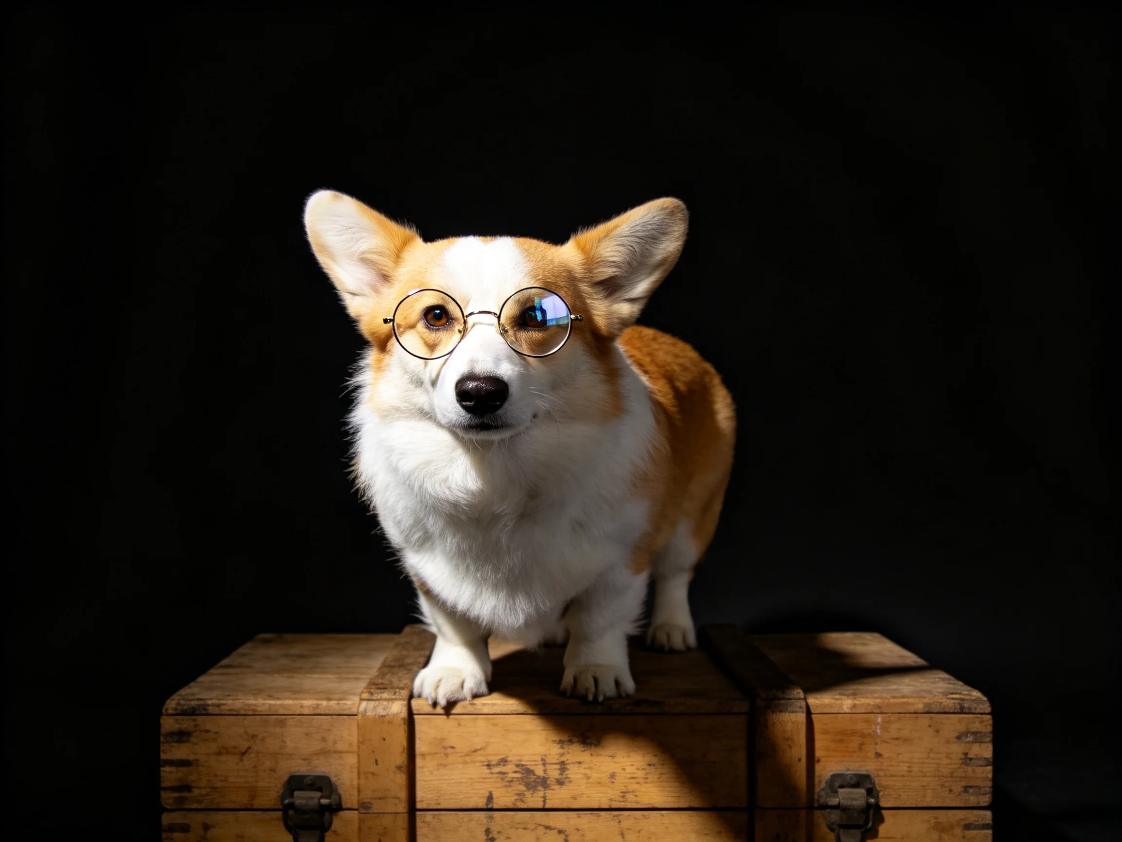 A corgi with round glasses stands atop an aged wooden chest