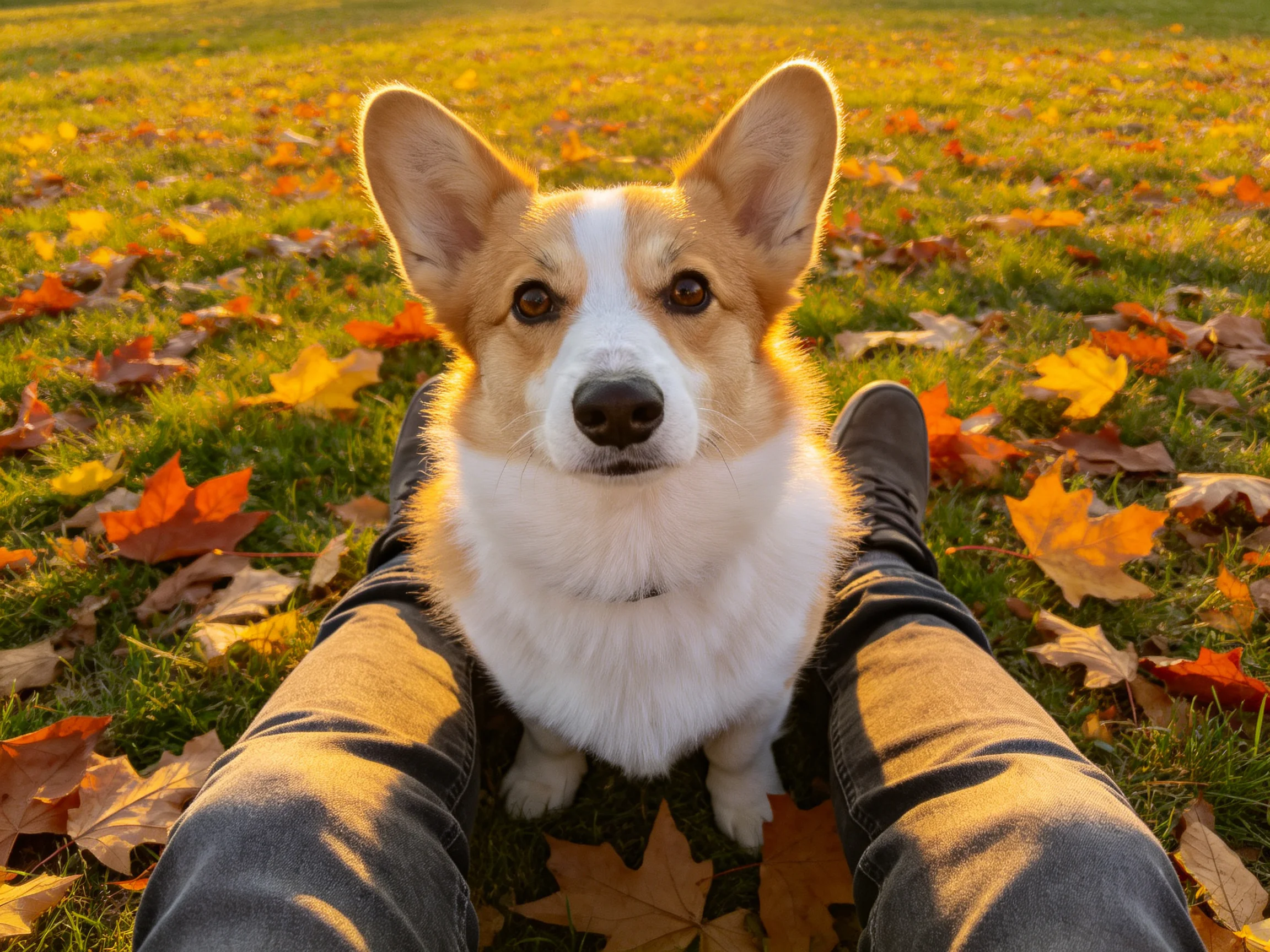 A corgi with tan and white fur sits between outstretched legs amid colorful autumn leaves