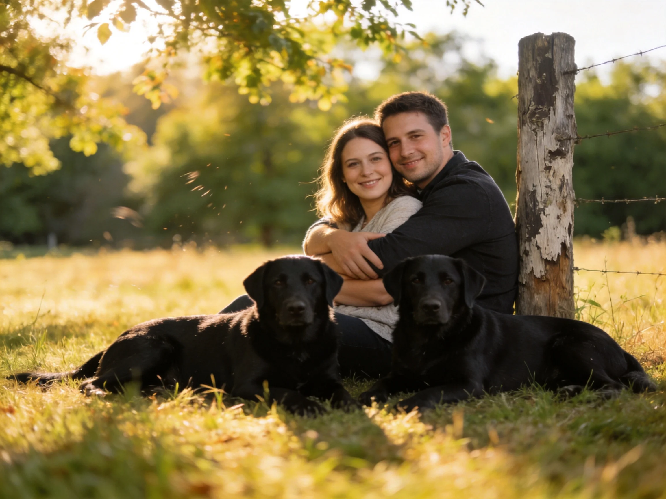 A couple hugs beside a weathered fence post with two black dogs in a sunlit meadow.
