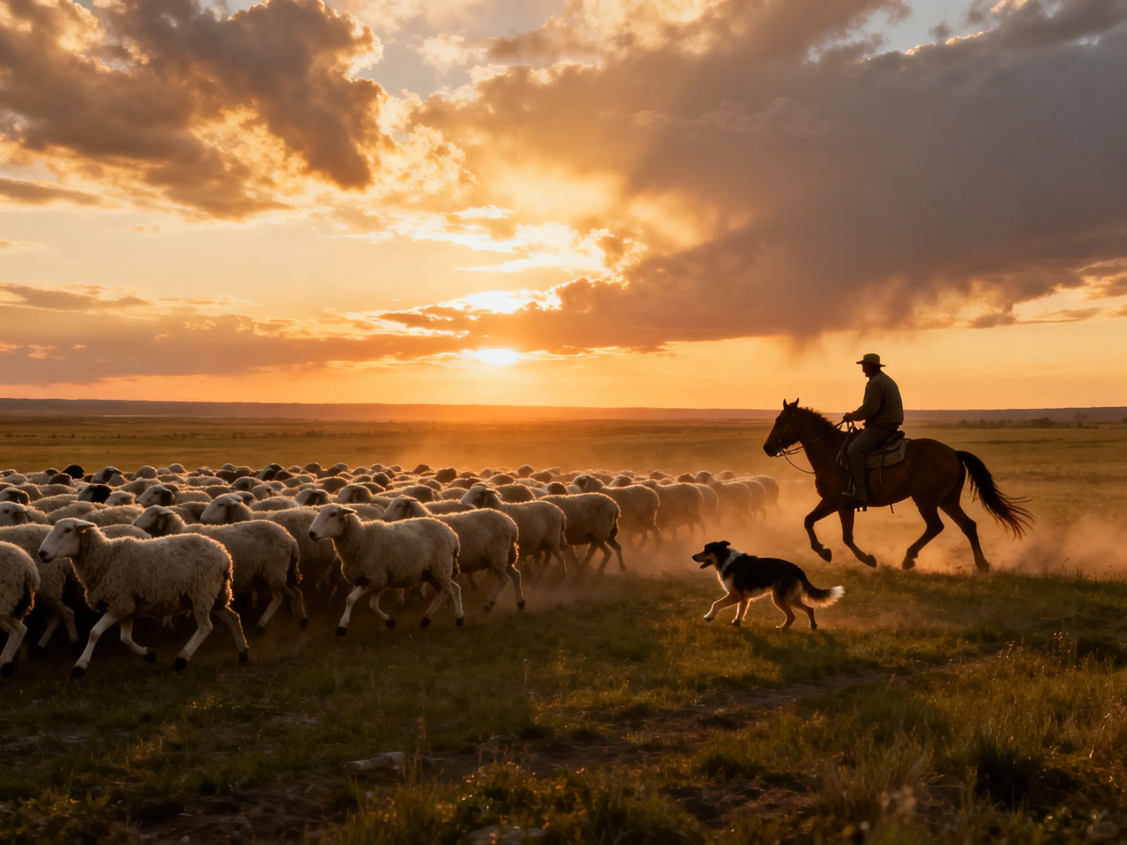 A cowboy herds sheep with a dog during golden-hour sunset