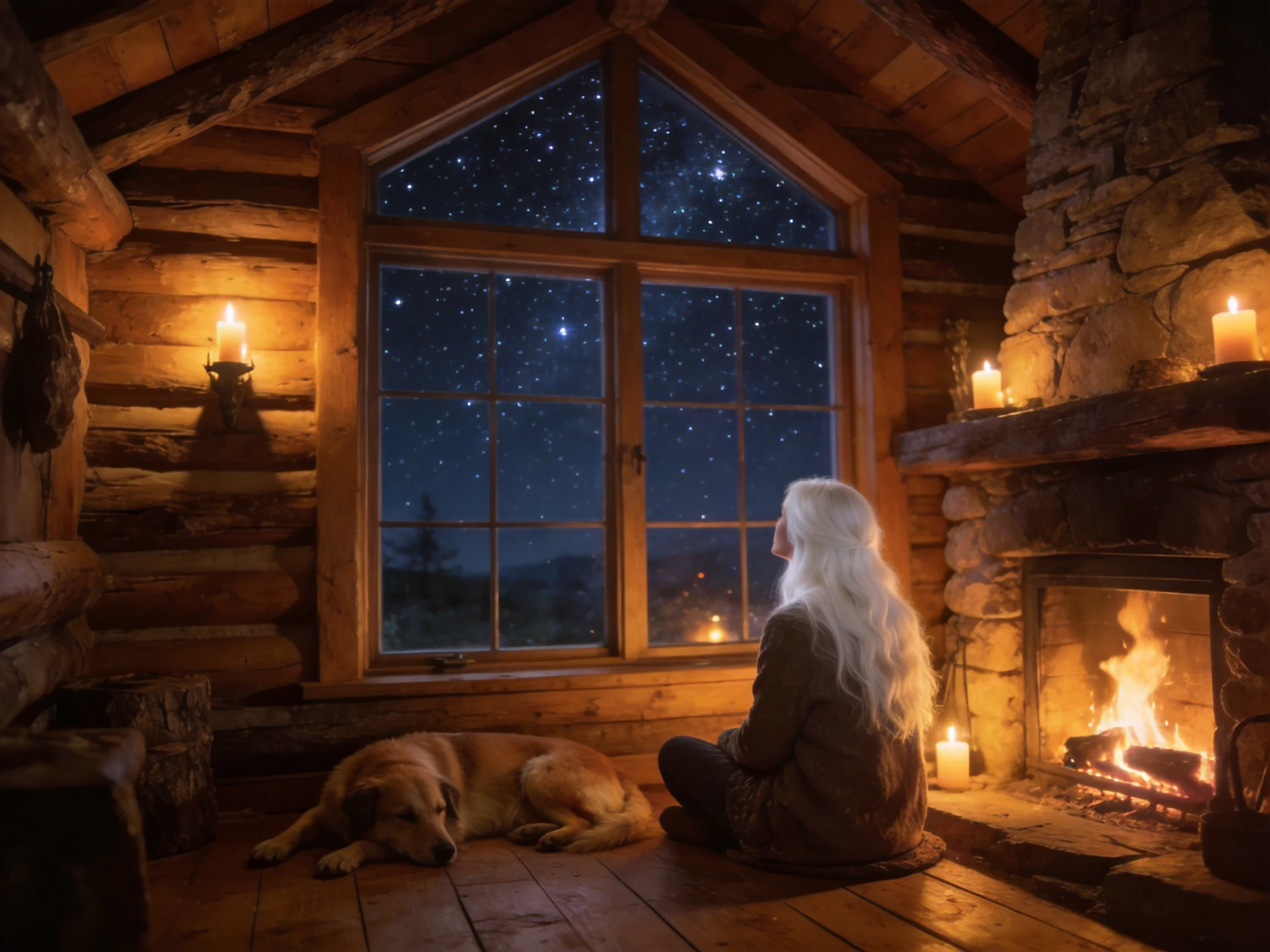 A cozy log cabin with a woman, dog, and glowing fireplace under starry night