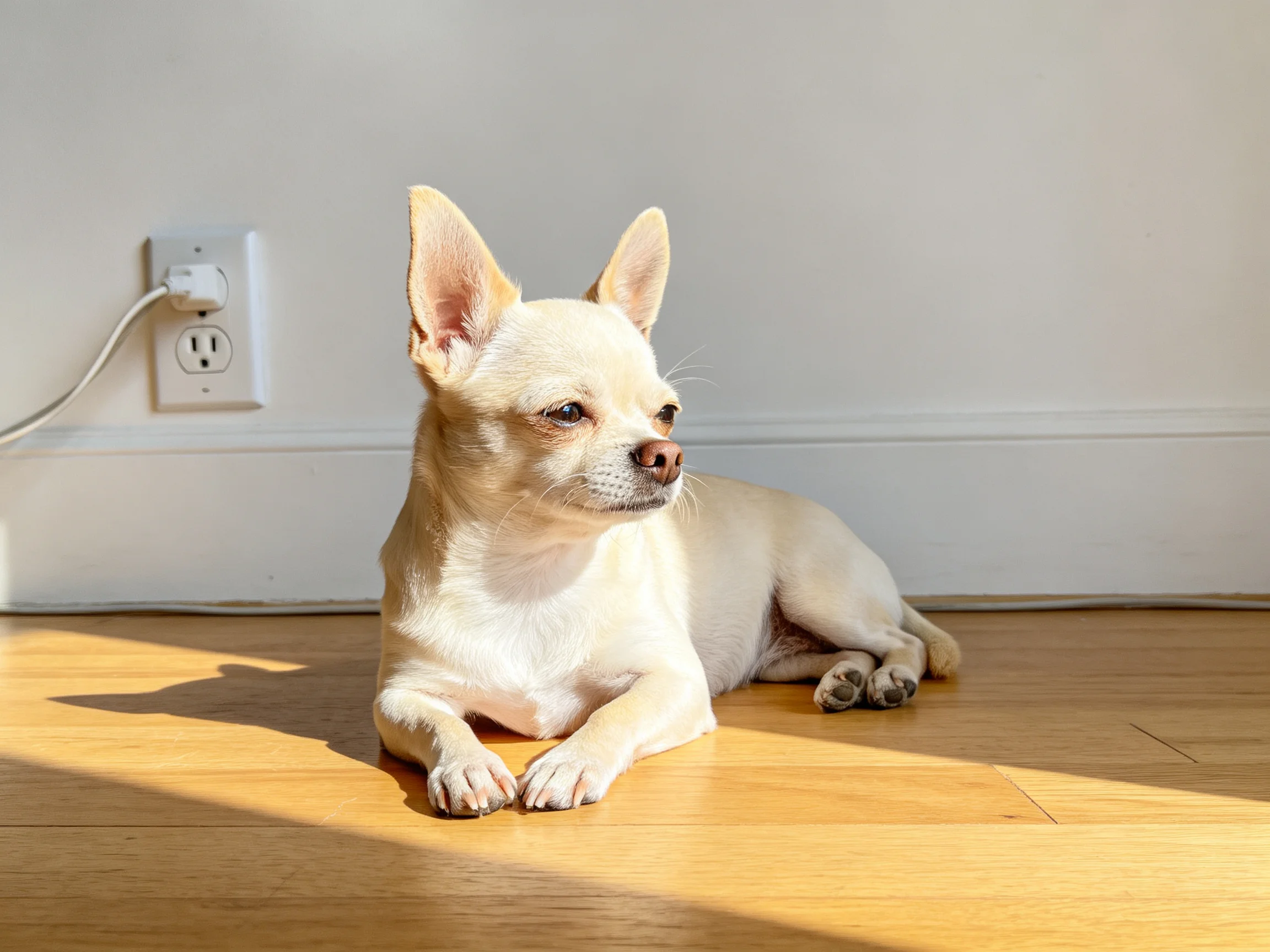A cream - colored Chihuahua rests on a wooden floor near a wall outlet