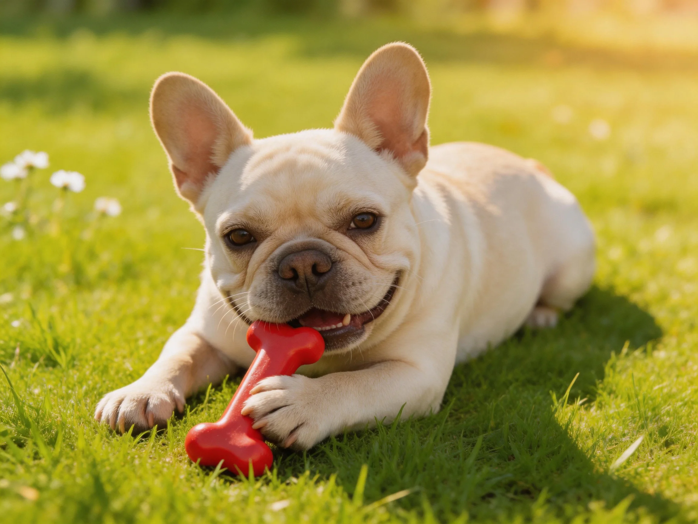 A cream - colored French bulldog plays with a red bone on green grass