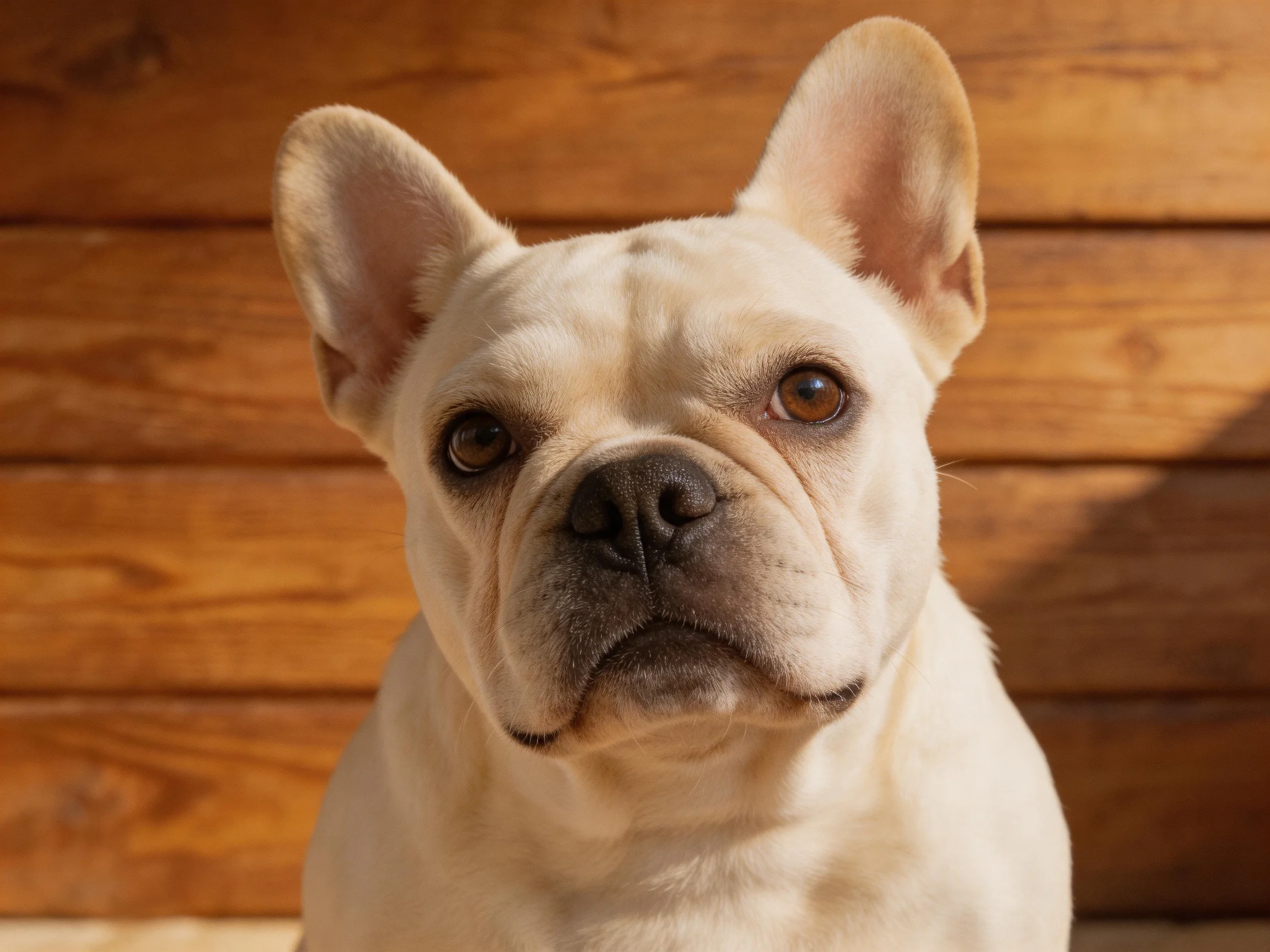 A cream - colored French bulldog sits near a wooden plank wall