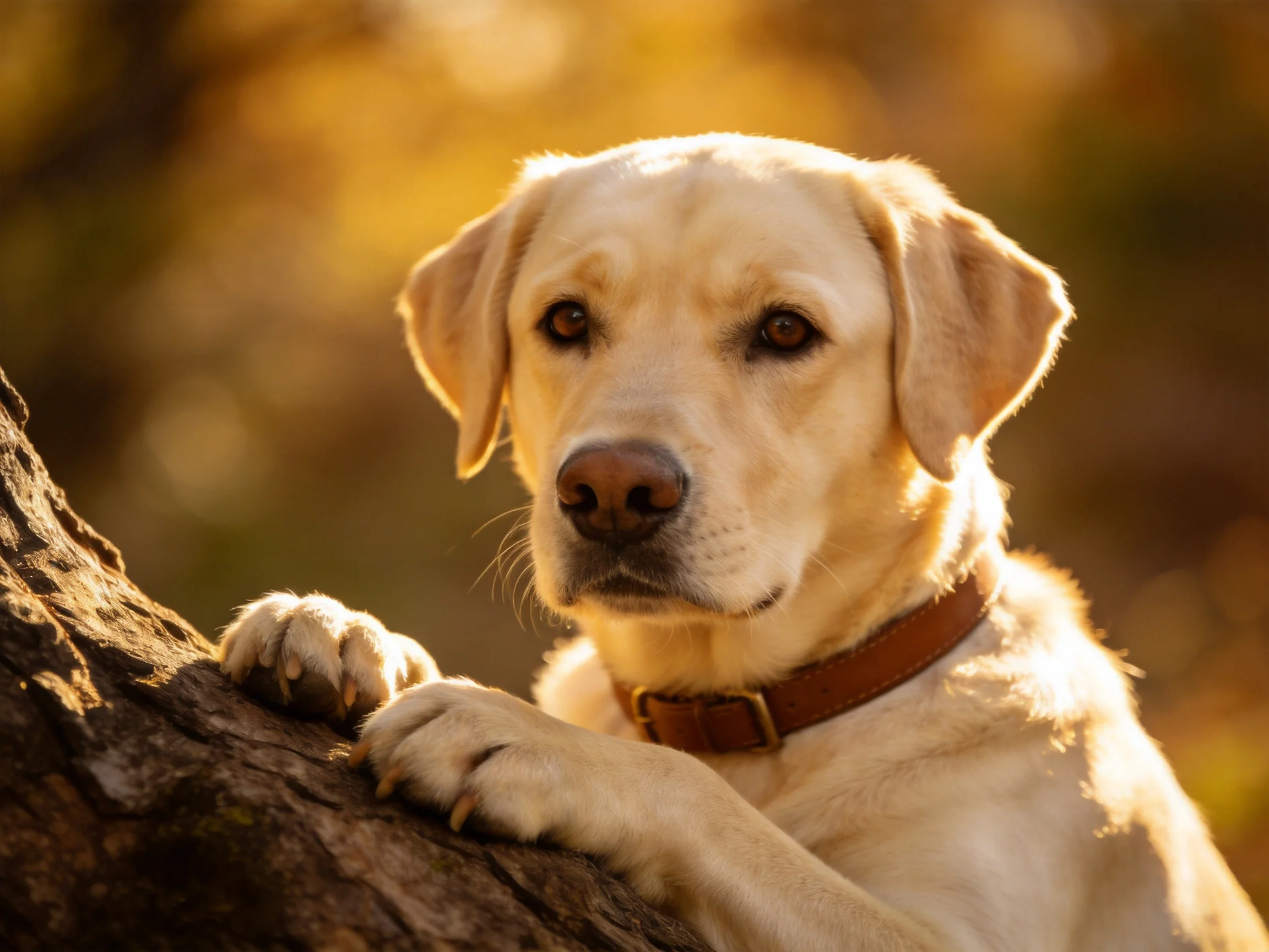 A cream - colored Labrador leans on a textured tree trunk in warm, golden light