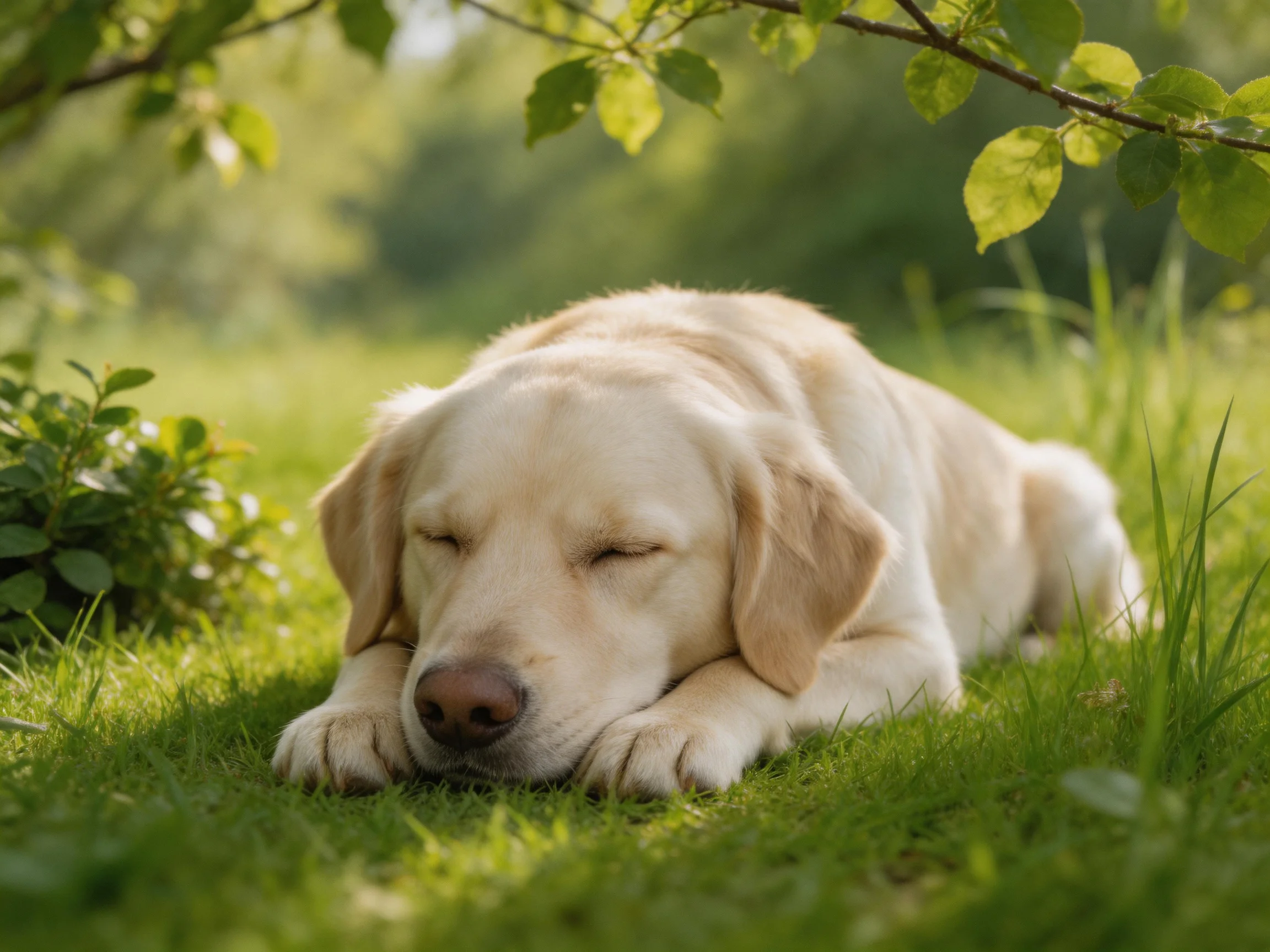 A cream - colored Labrador sleeps on green grass in a sunlit outdoor setting.
