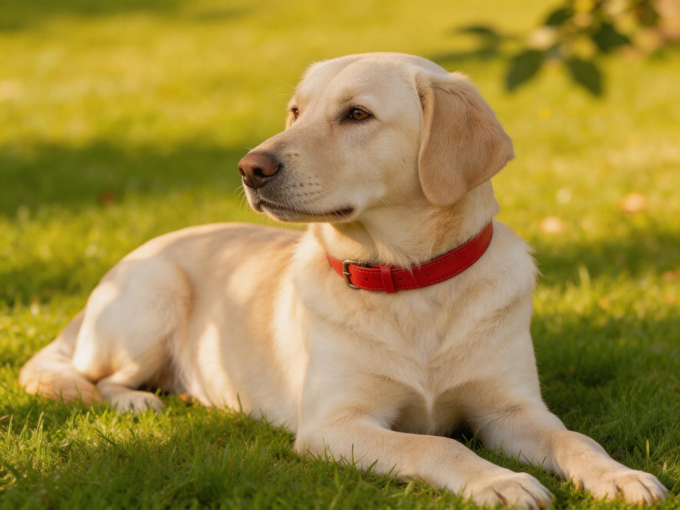 A cream - colored Labrador rests on lush green grass with a bright red collar