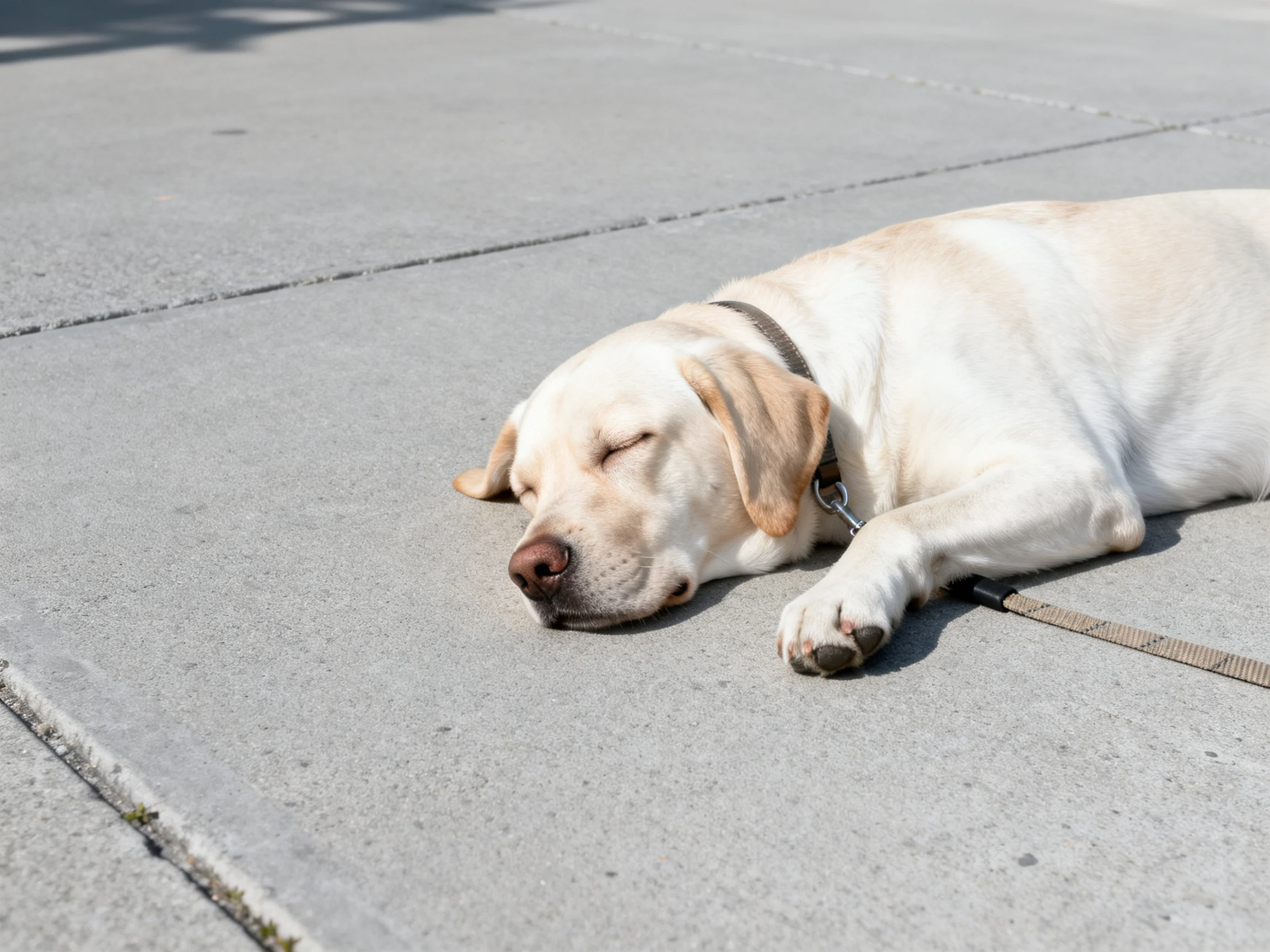 A cream - colored Labrador rests peacefully on a smooth concrete sidewalk