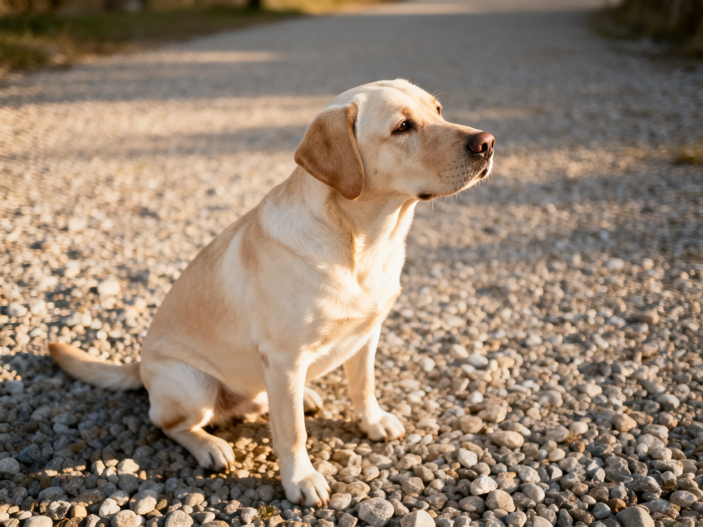 A cream - colored Labrador sits calmly on a gravelly road.