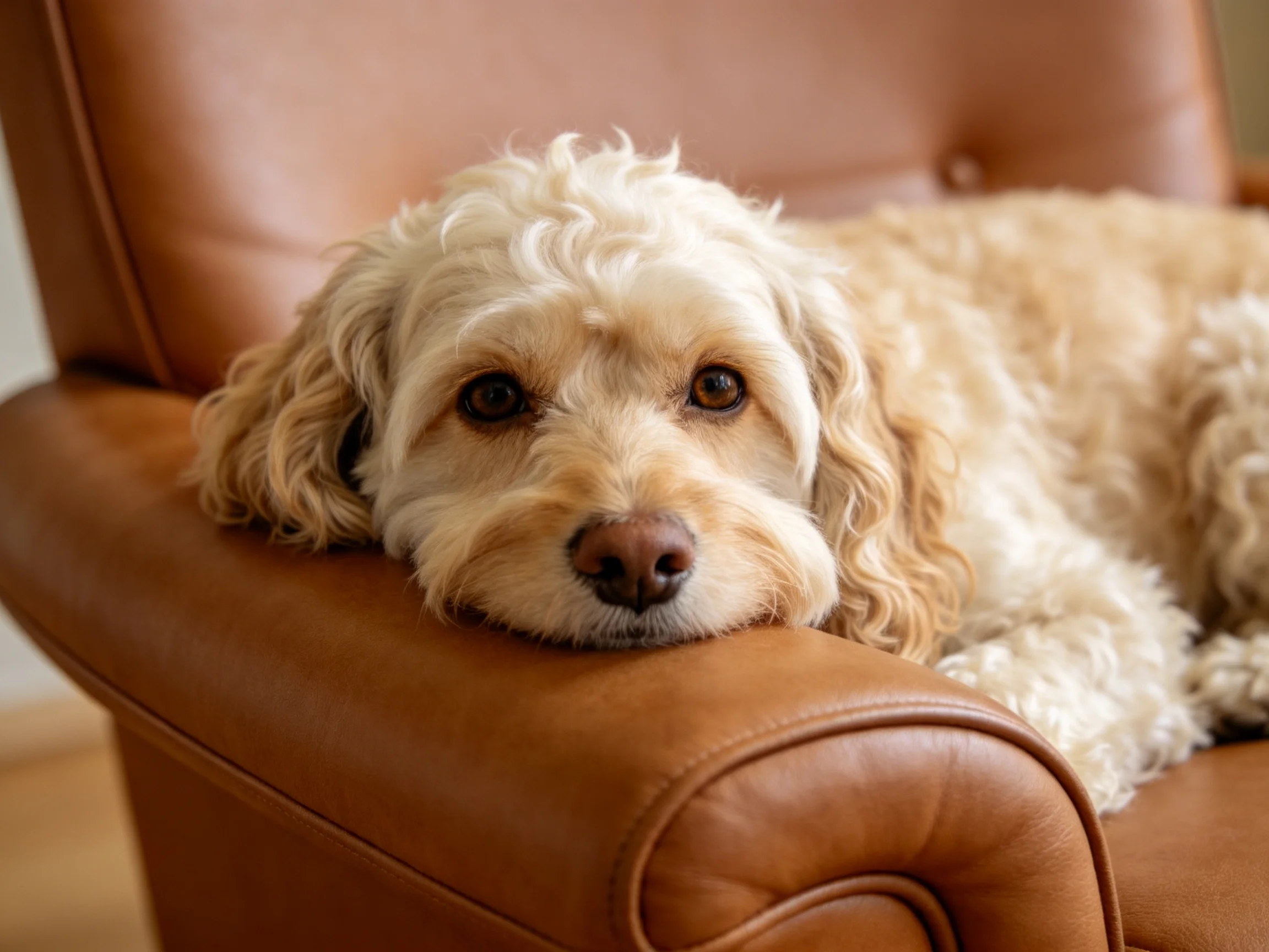 A cream - colored curly - haired dog resting on a brown leather armchair