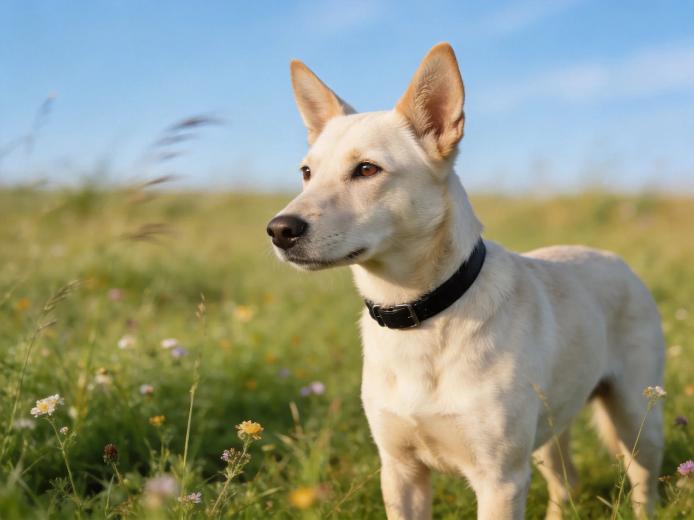 A cream - colored dog in a wildflower meadow under blue sky