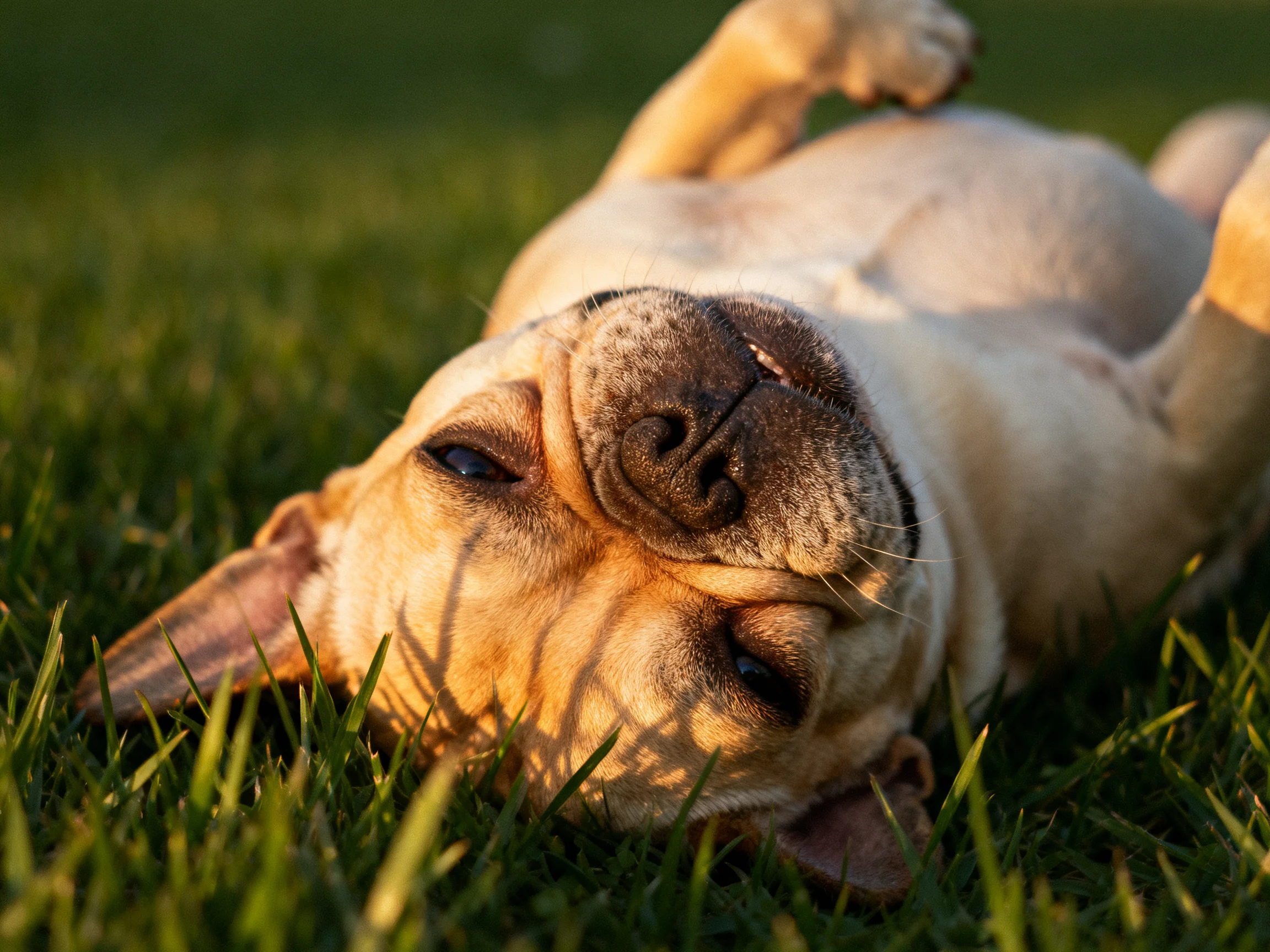 A cream - colored dog relaxes on lush green grass in golden sunlight