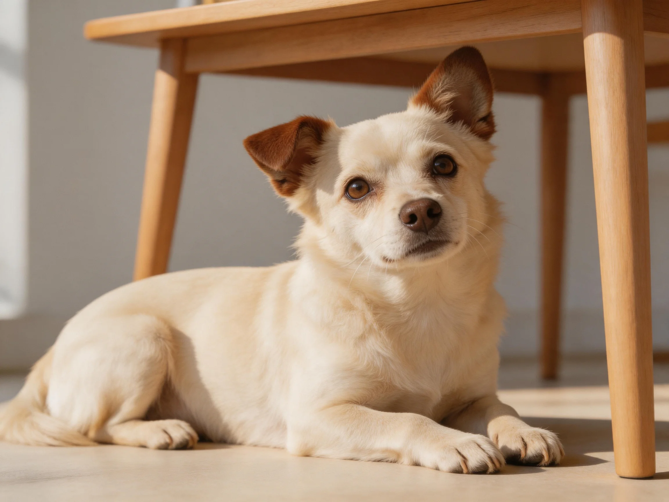 A cream - colored dog lies near a light wood table in a sunlit area