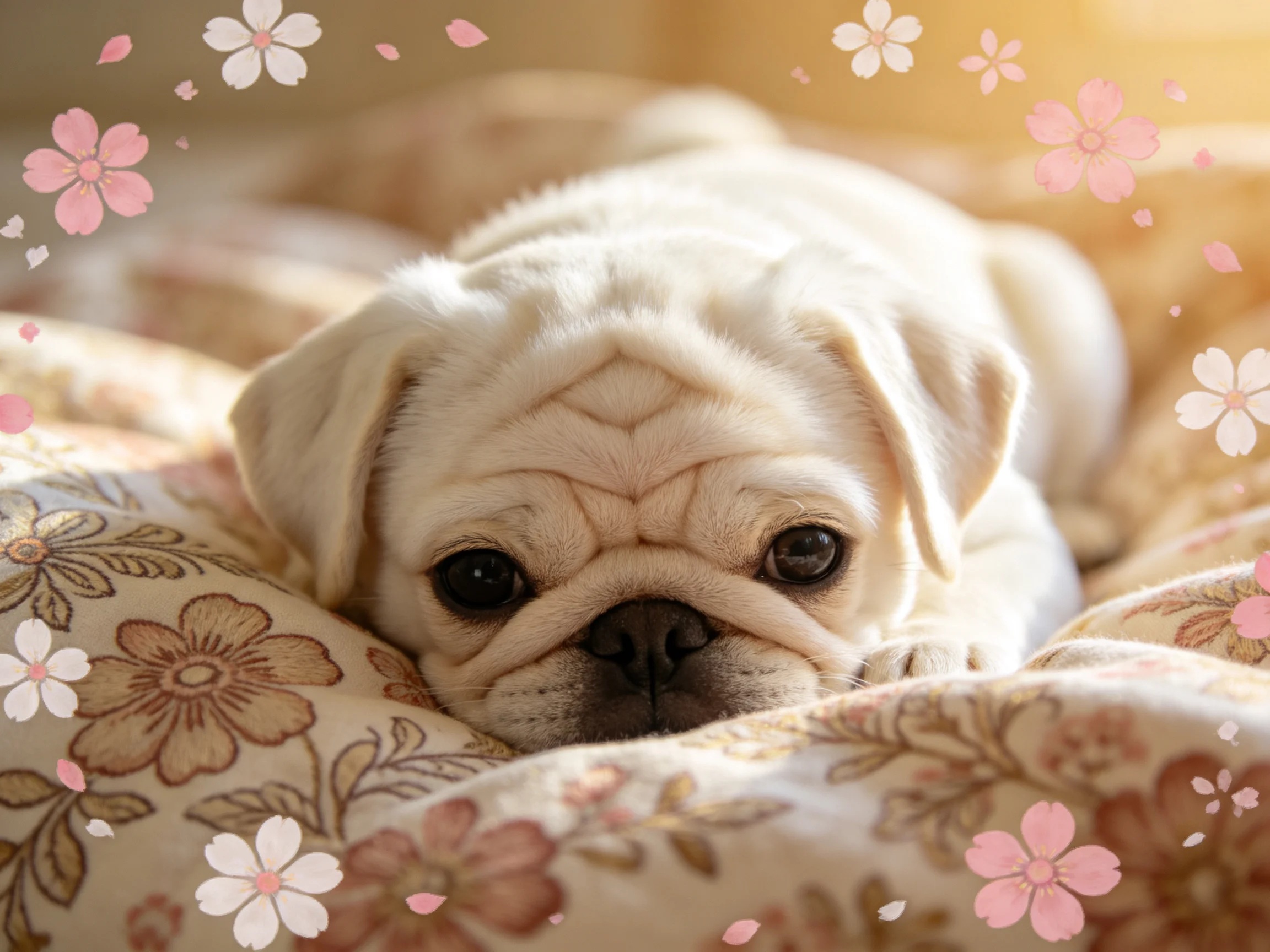 A cream - colored pug puppy lies on a flowered cushion amid pink and white flowers