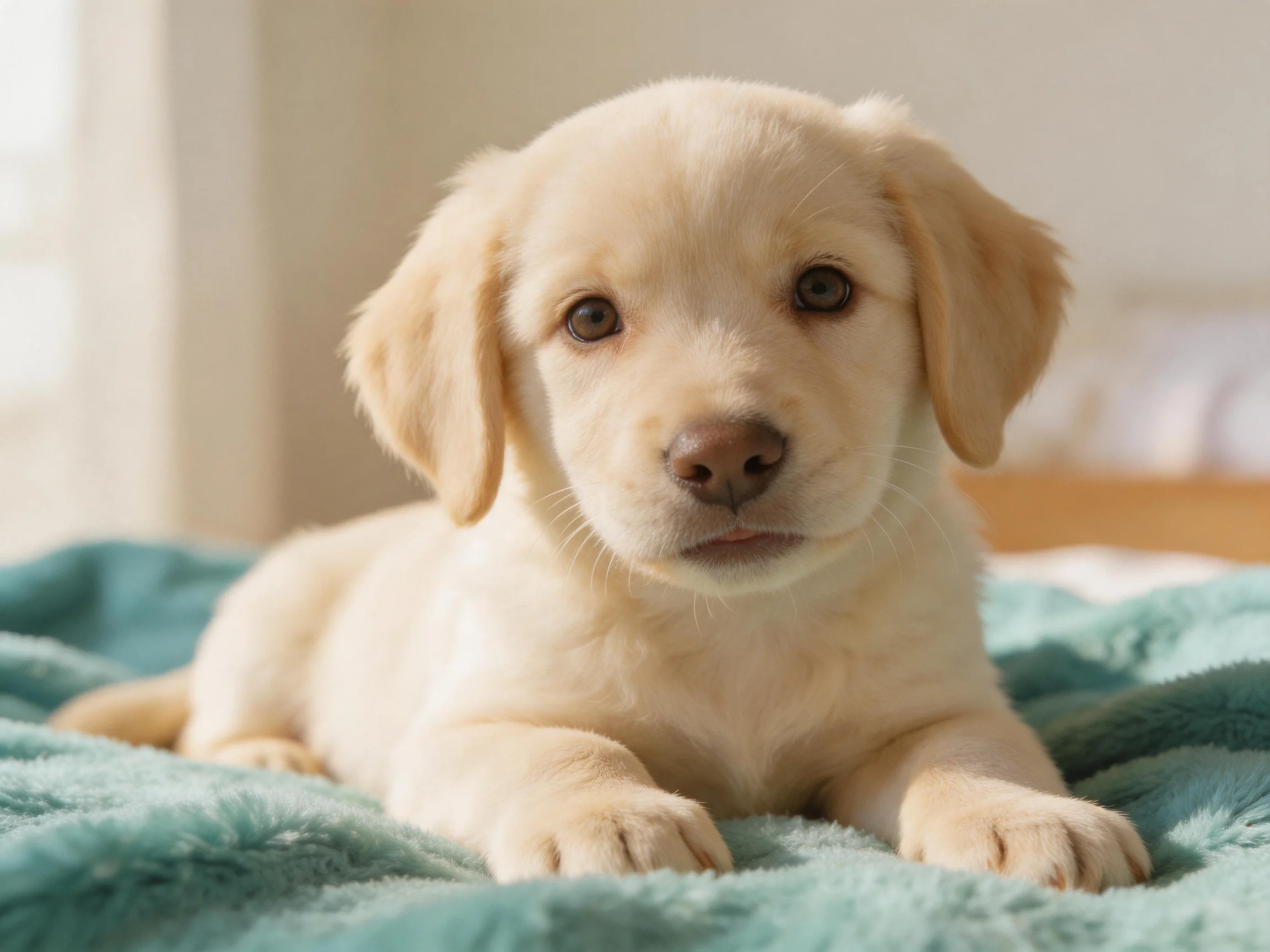 A cream - colored puppy resting on a plush teal blanket indoors