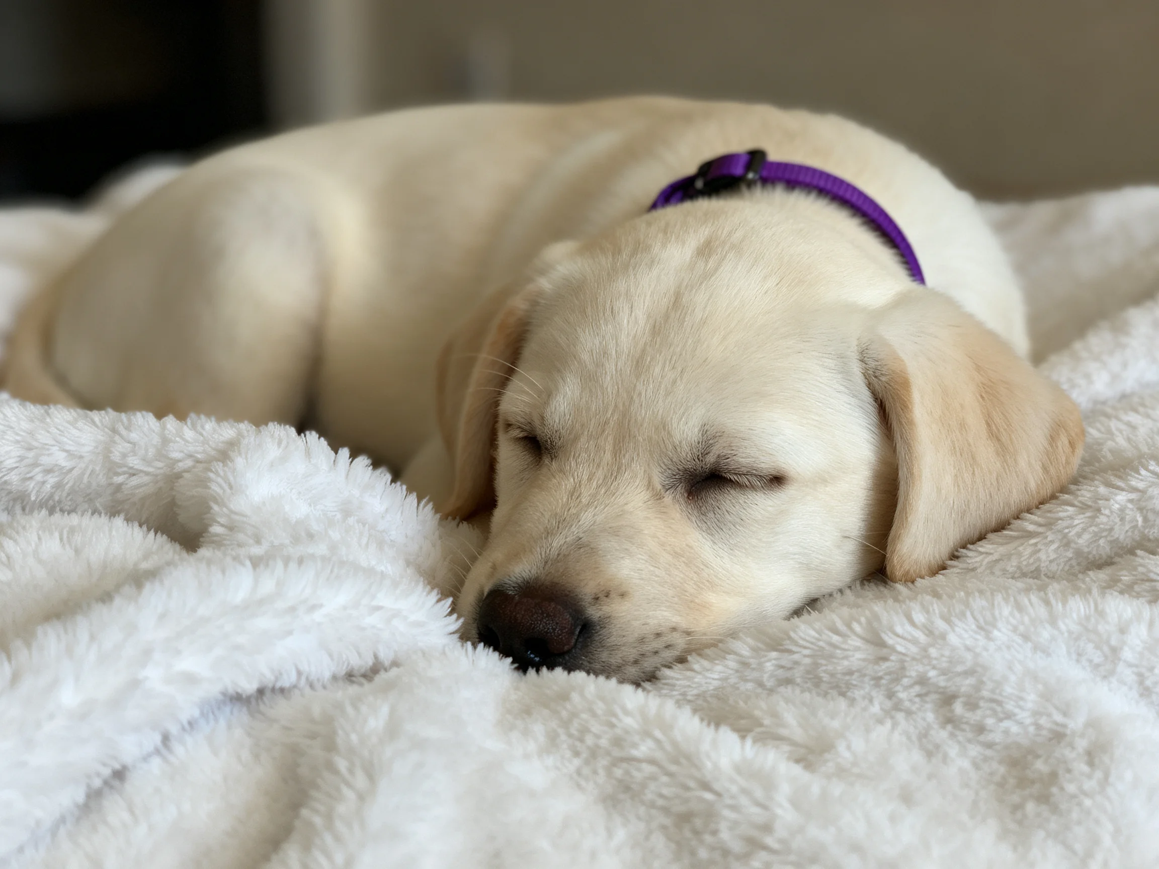 A cream - colored puppy sleeps on a fluffy white blanket with a purple collar
