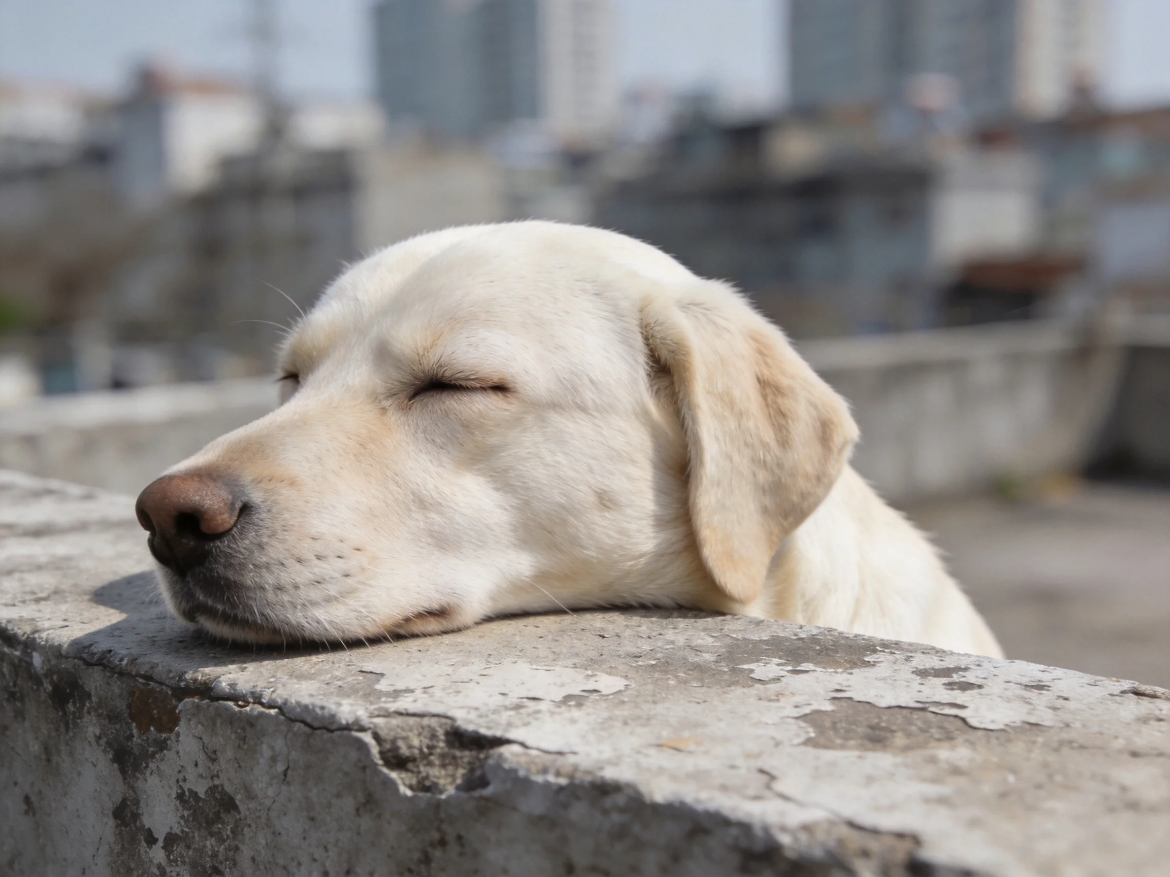 A cream - hued dog naps on a cracked concrete ledge in an urban setting