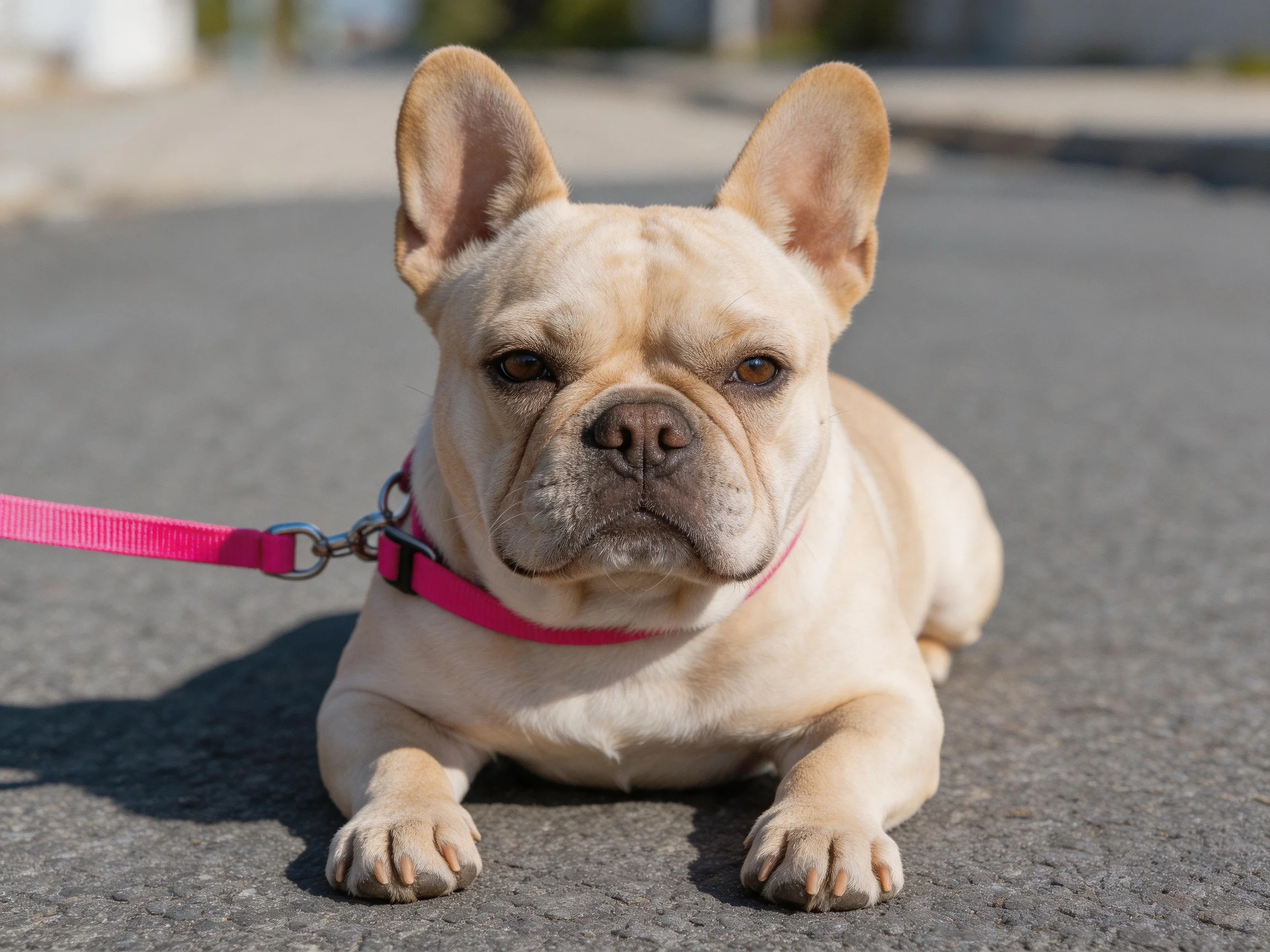 A cream-colored French bulldog rests on pavement with a bright pink leash