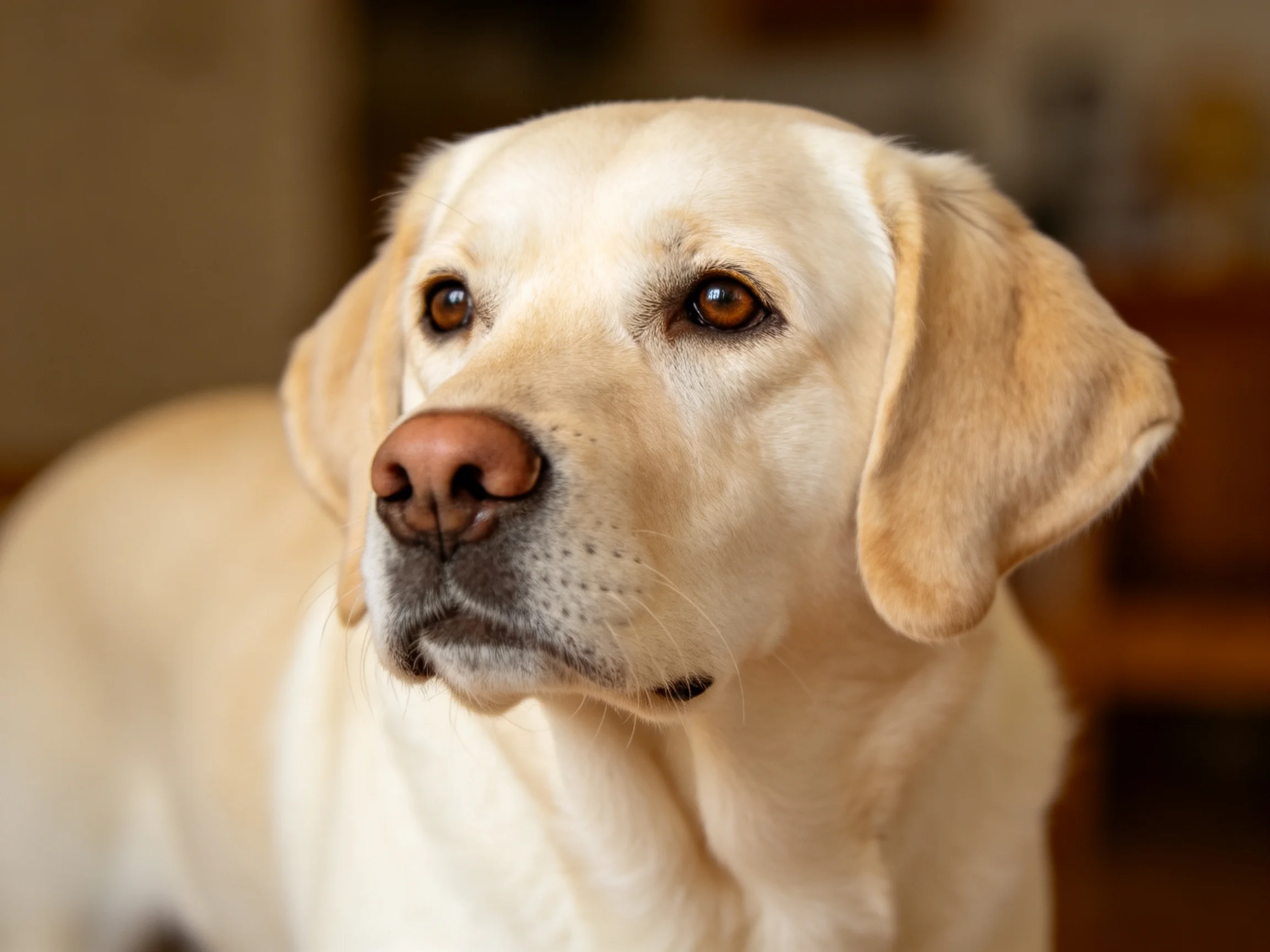 A cream-colored Labrador retriever gazes attentively indoors.