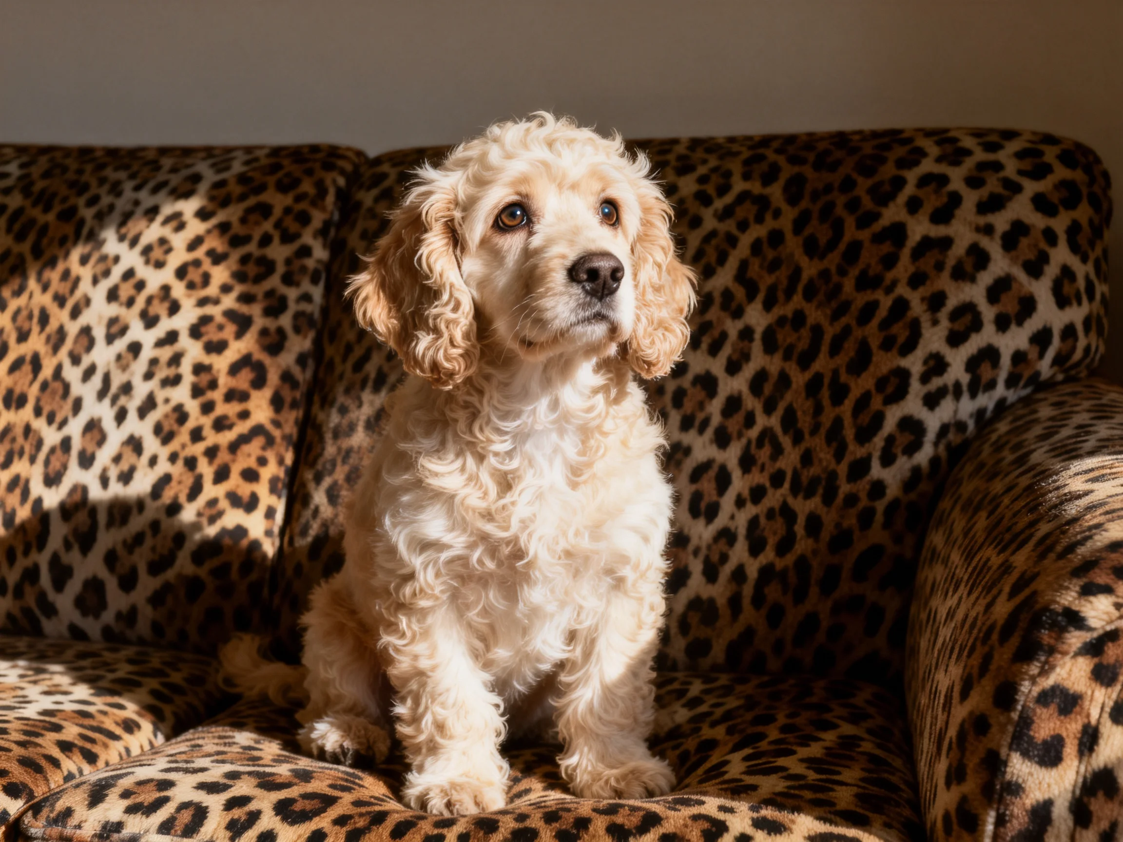A cream-colored dog sits calmly on a leopard-print sofa