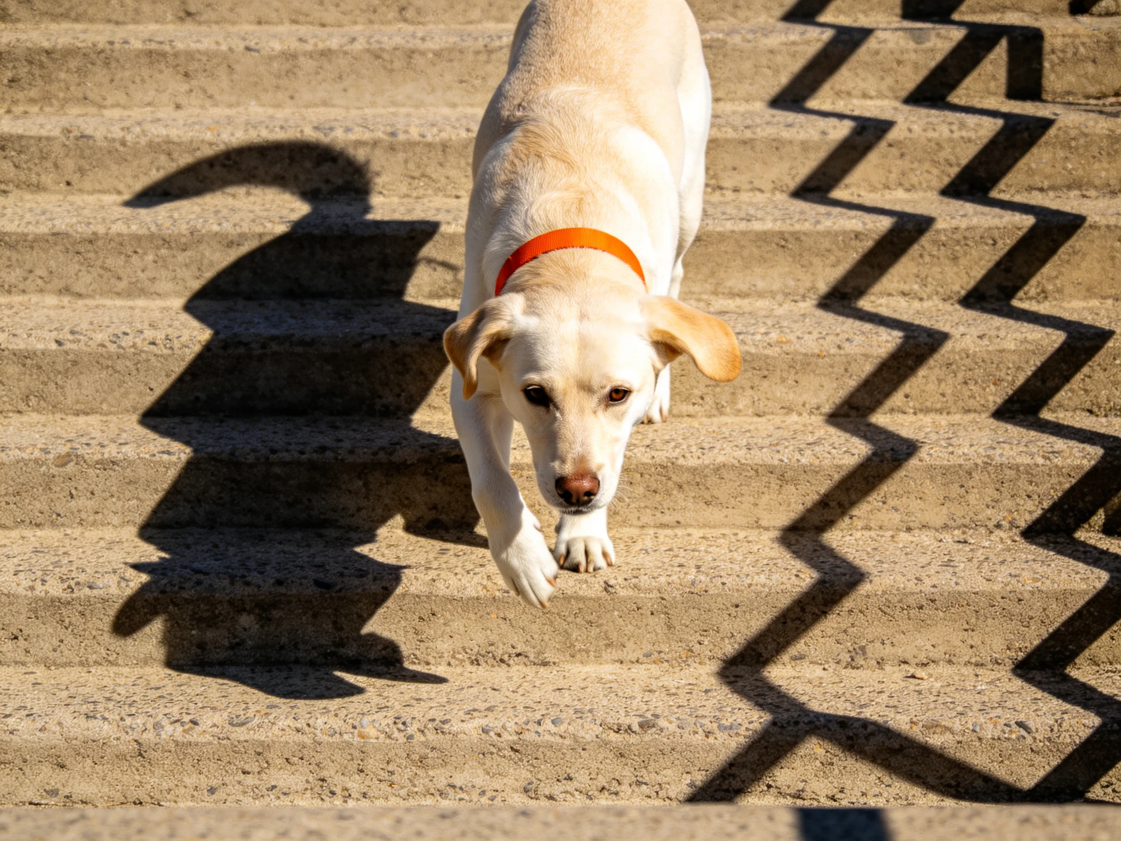 A dog with an orange collar walks down concrete stairs.