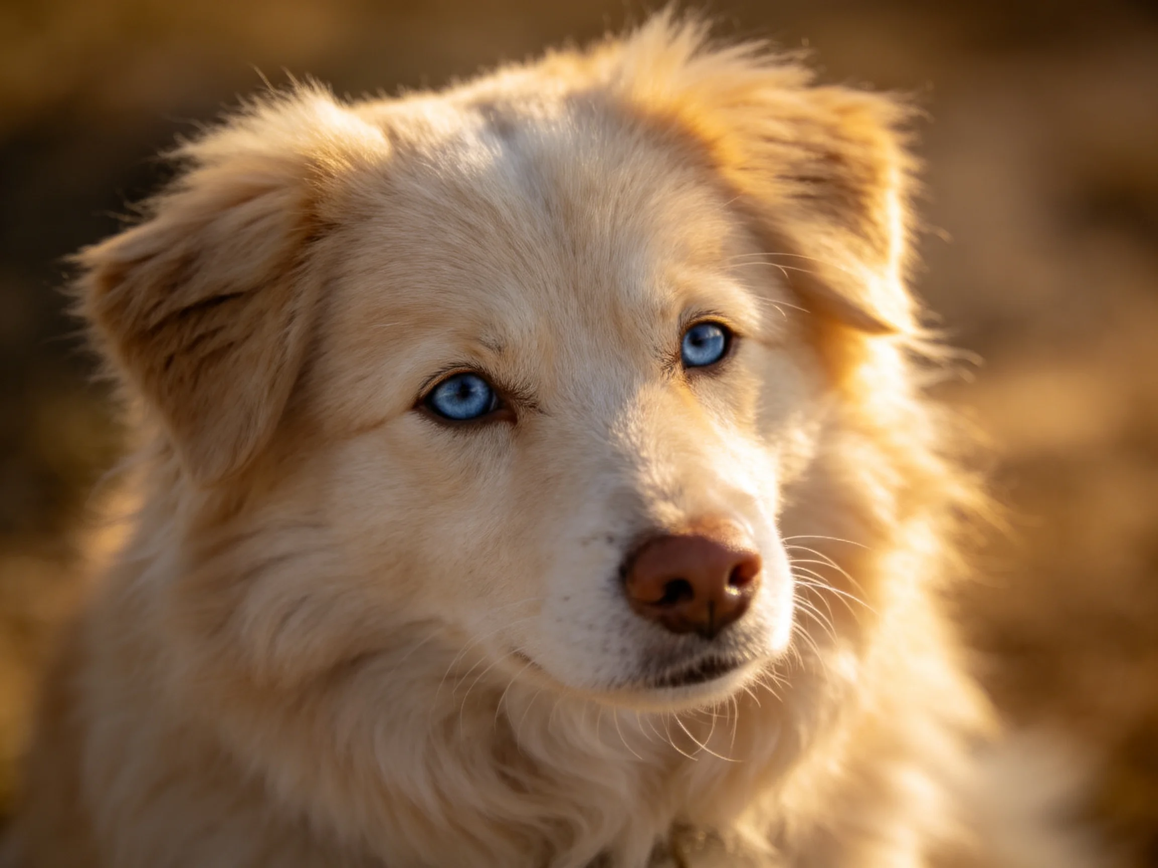 A cream-furred dog with striking blue eyes in soft golden light