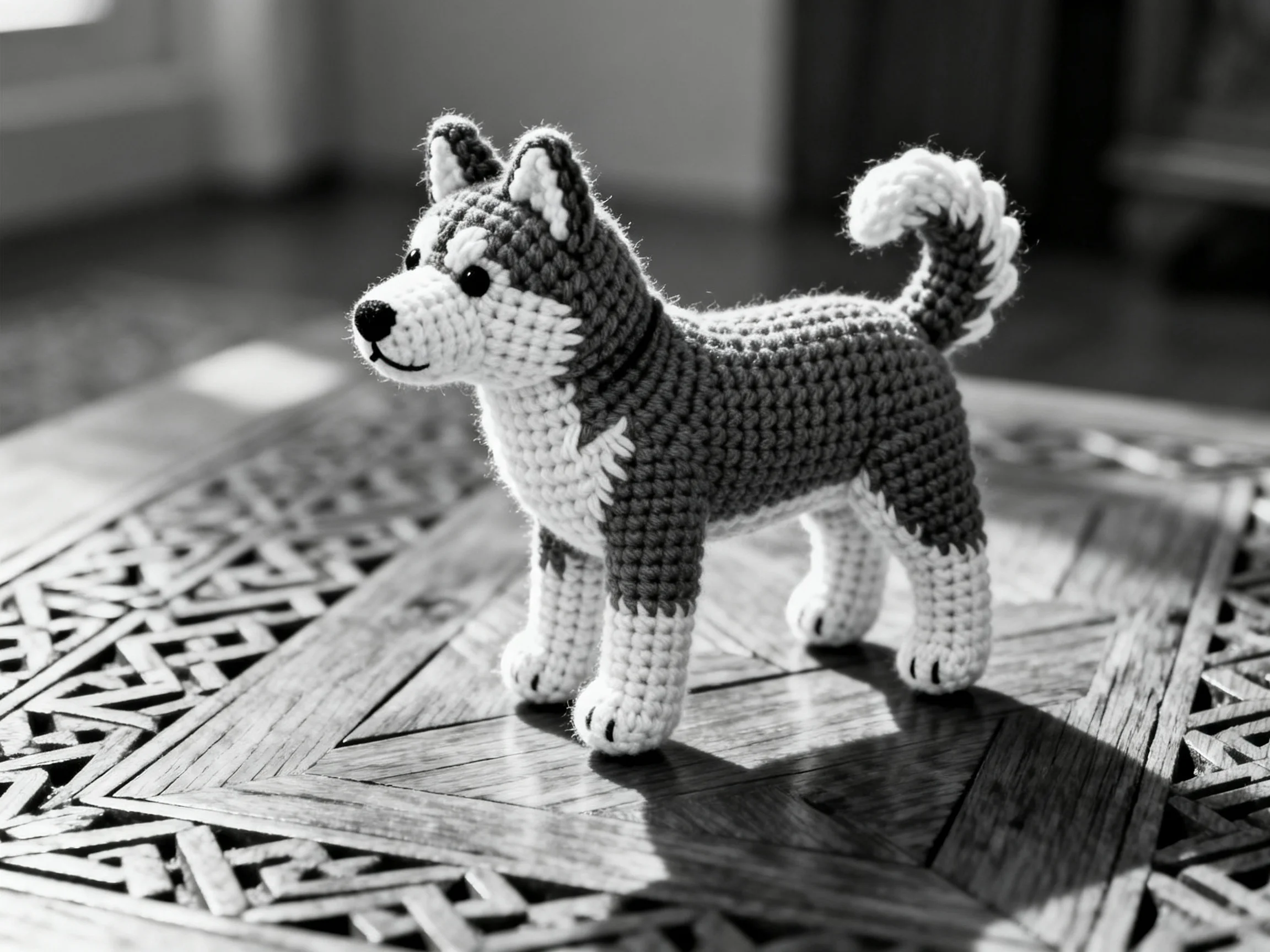 A crocheted husky figurine stands on a carved wooden table.