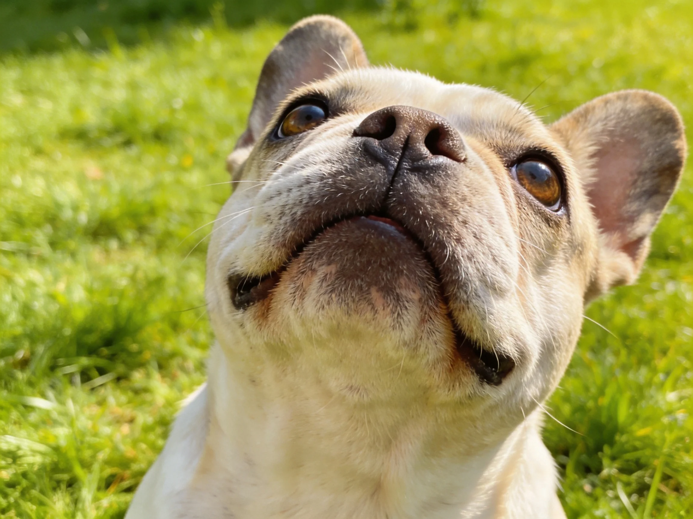 A curious French bulldog gazes upward amidst vibrant green grass