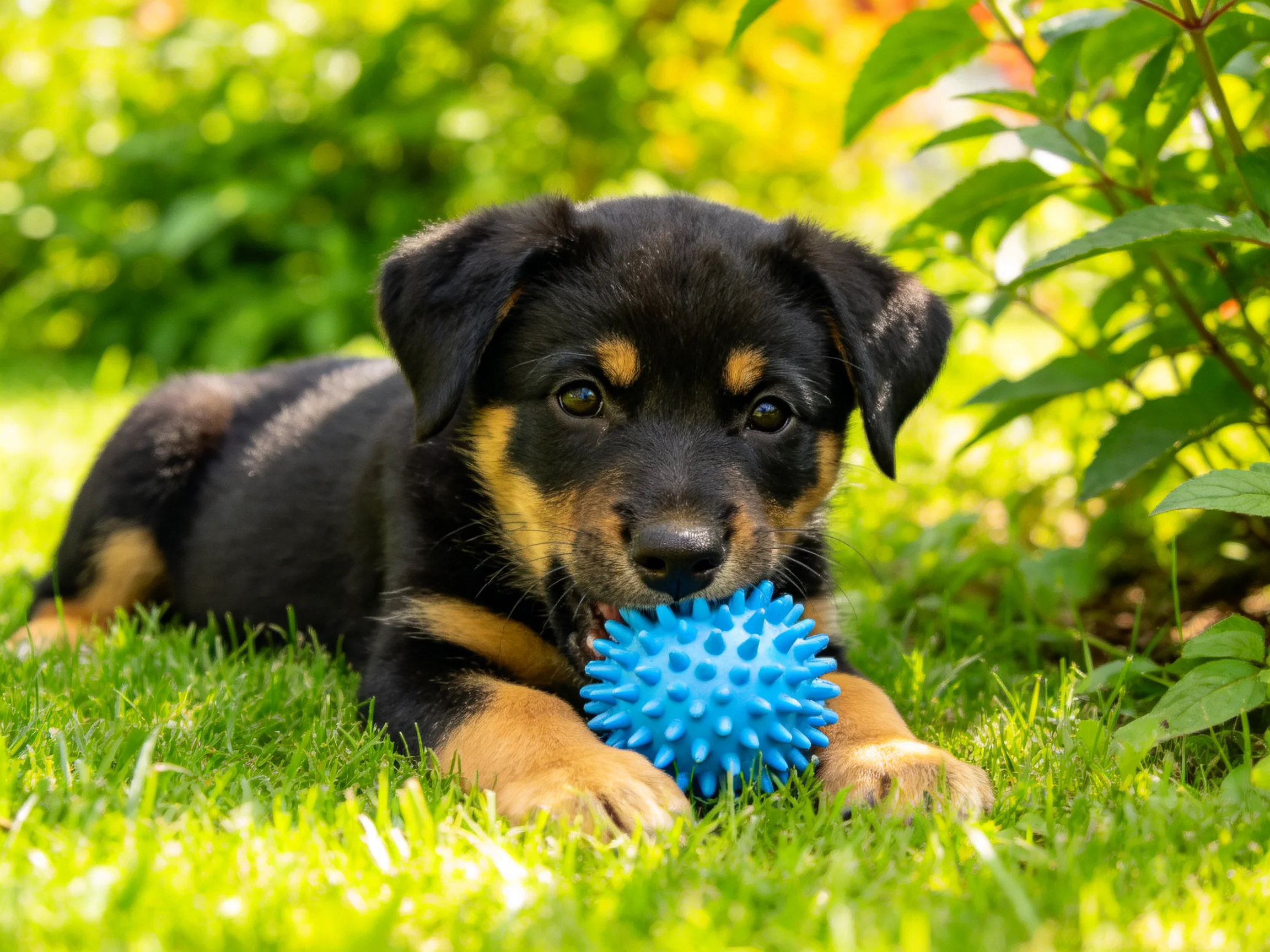A black and tan puppy plays with a blue spiky ball in a sunlit garden.