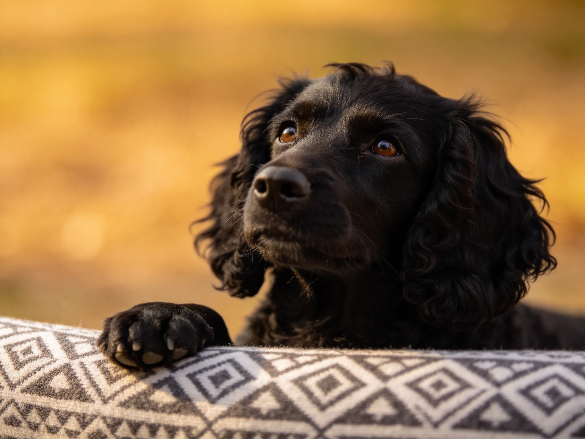 A curious black dog peers over a patterned fabric with golden bokeh