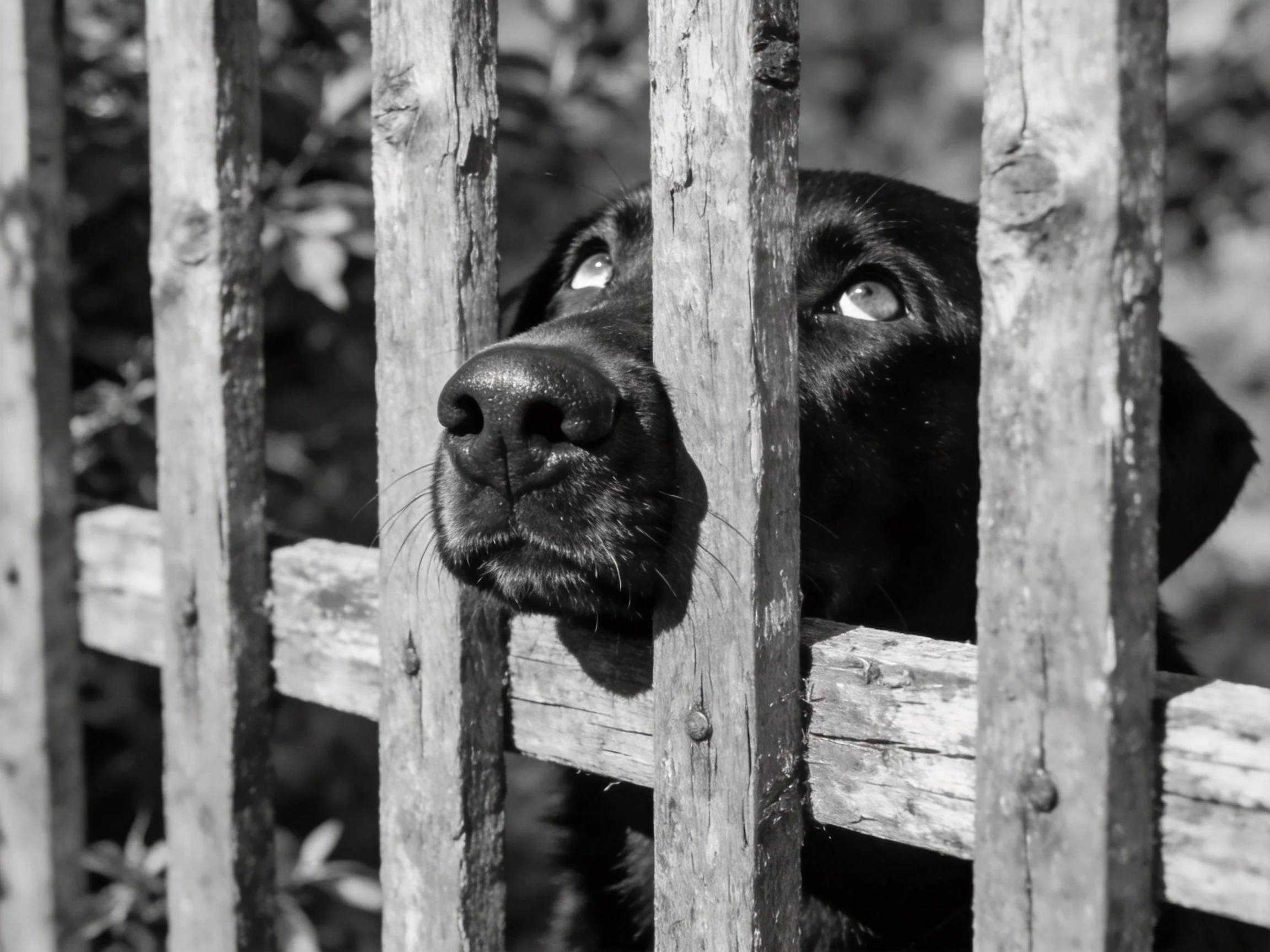 A curious black dog peers through weathered wooden fence slats