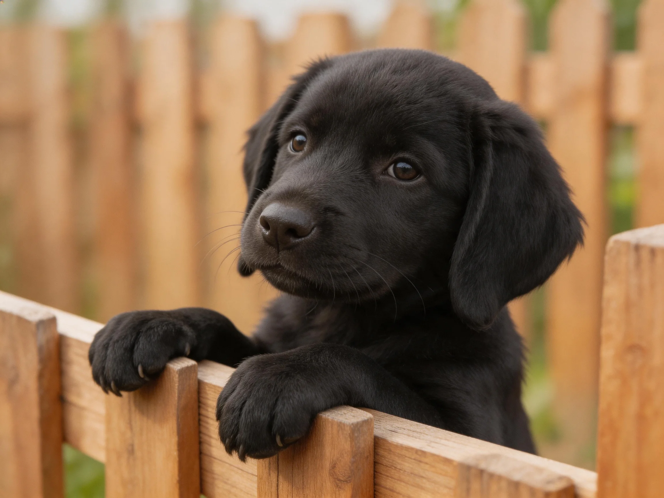 A black puppy curiously peers over a wooden fence.