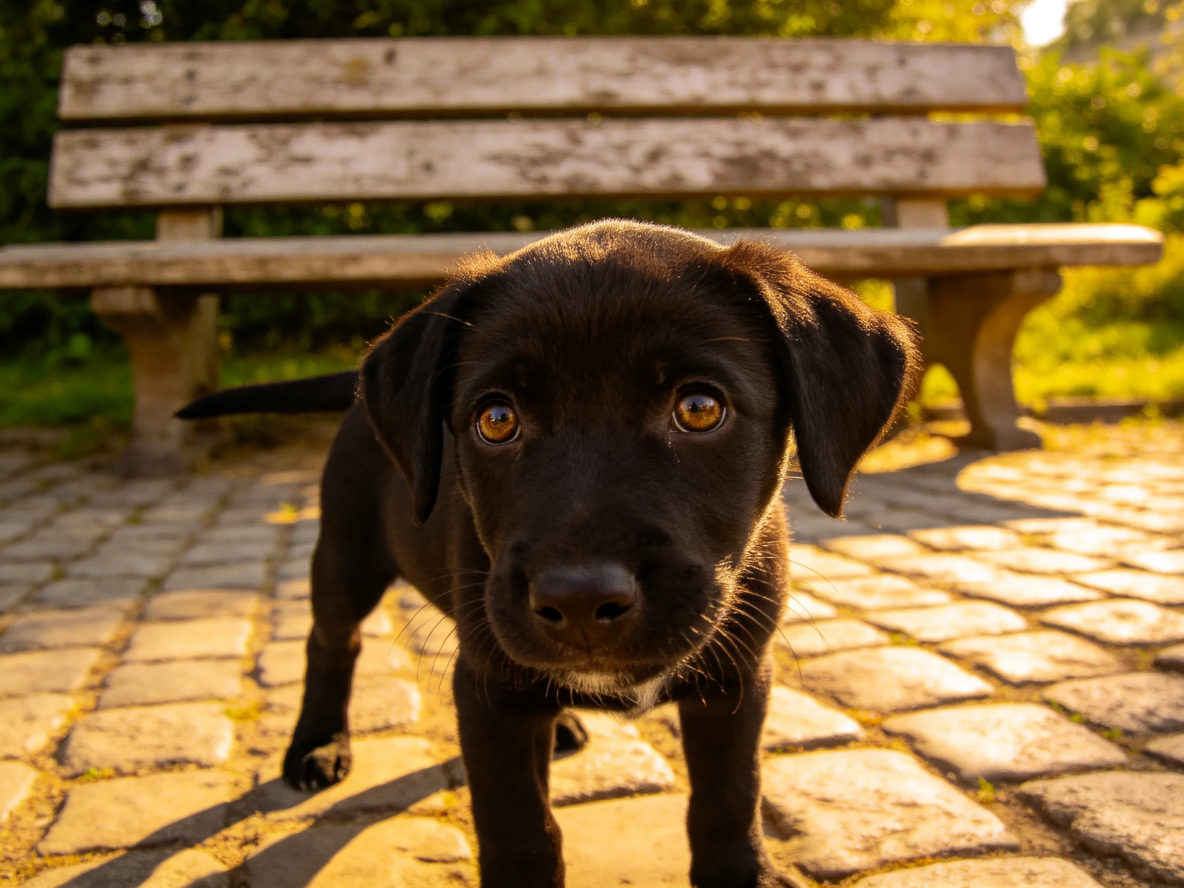 A curious black puppy gazes toward the camera beside a weathered bench in a sunlit park.